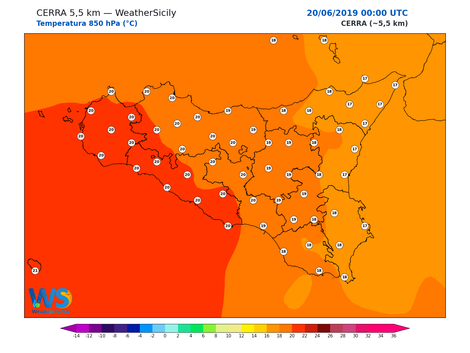 Temperatura a 850 hPa · 2019062000