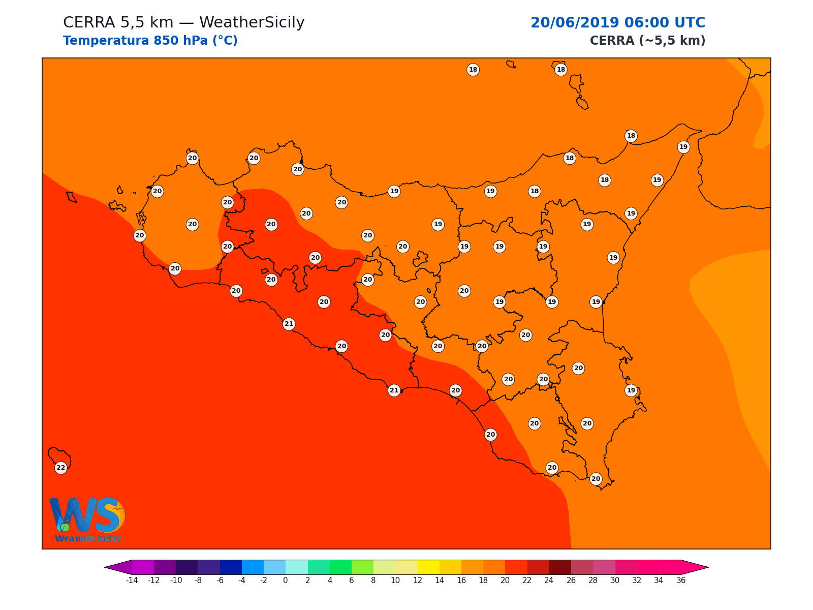 Temperatura a 850 hPa · 2019062006
