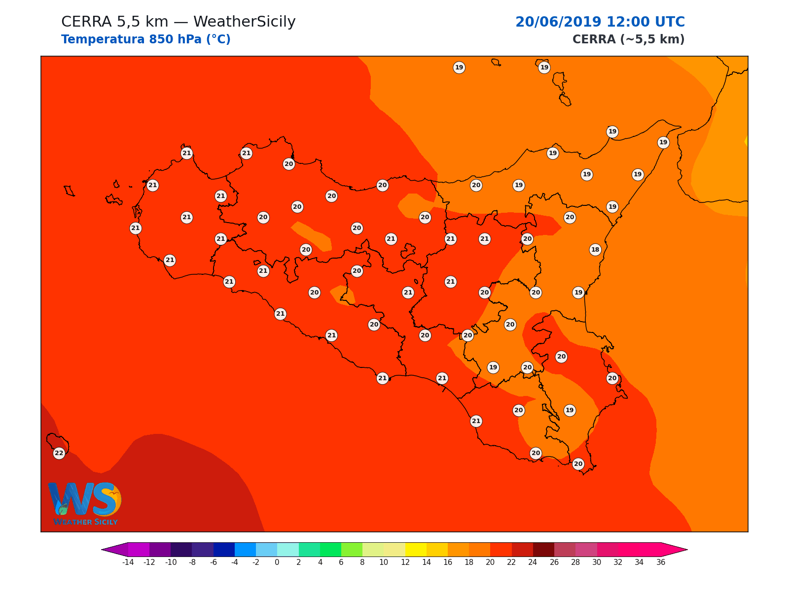 Temperatura a 850 hPa · 2019062012