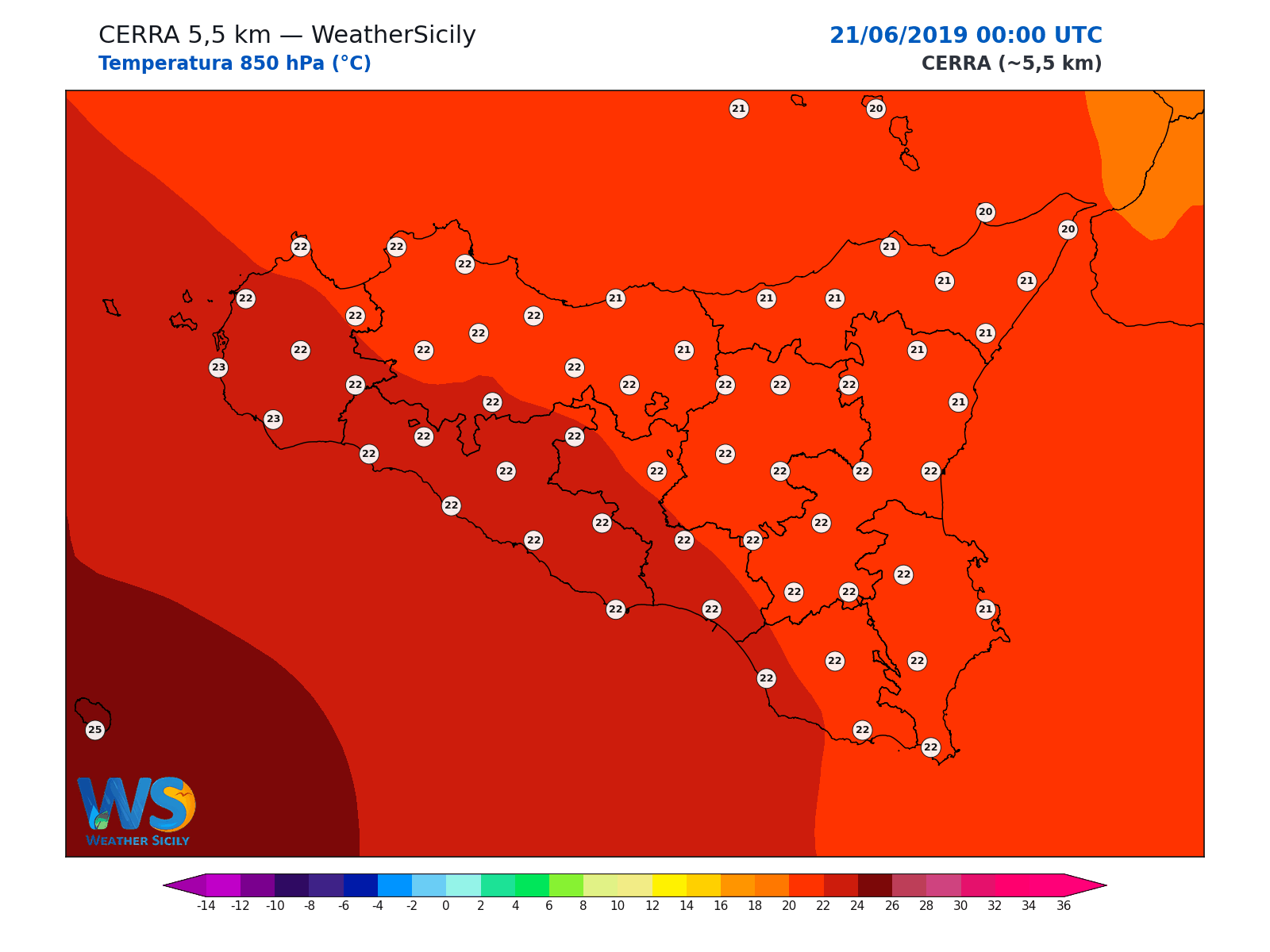 Temperatura a 850 hPa · 2019062100