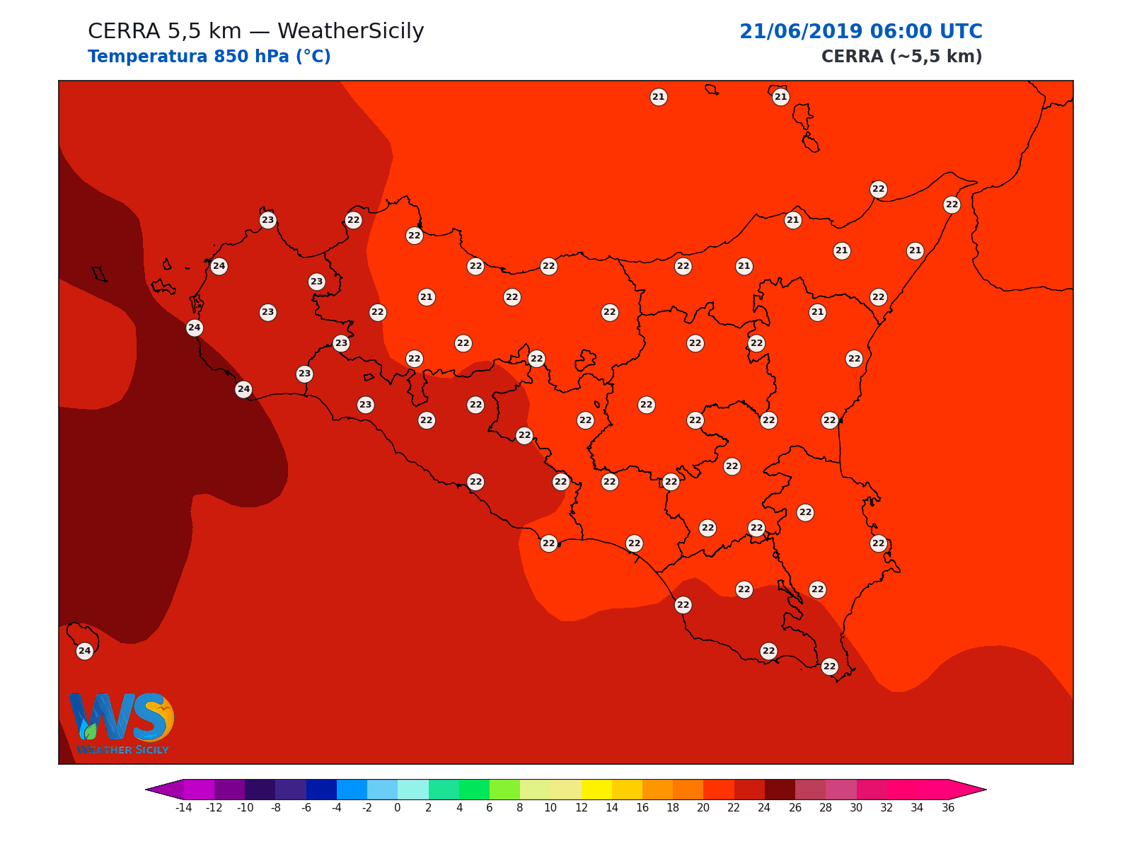 Temperatura a 850 hPa · 2019062106