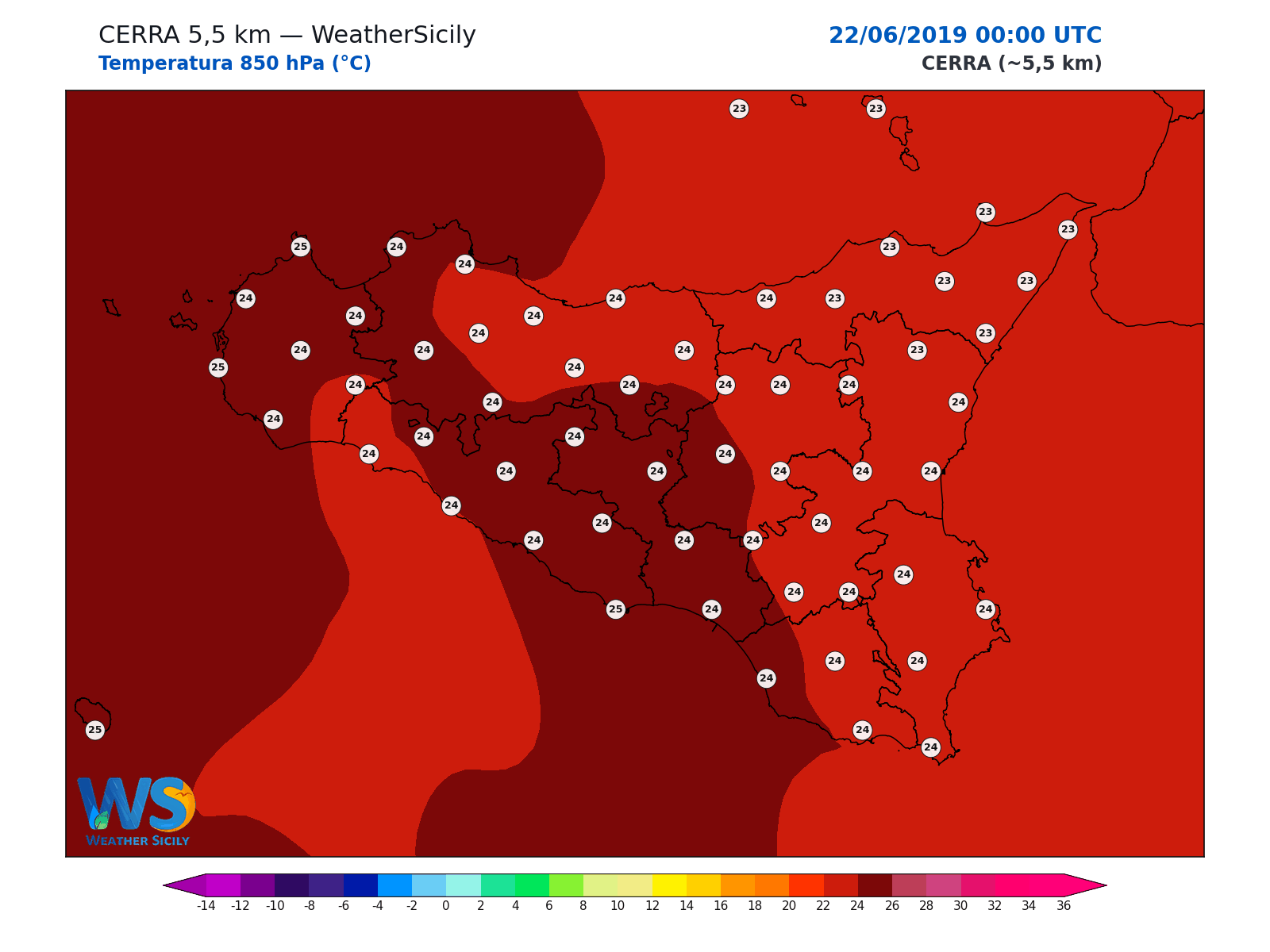 Temperatura a 850 hPa · 2019062200