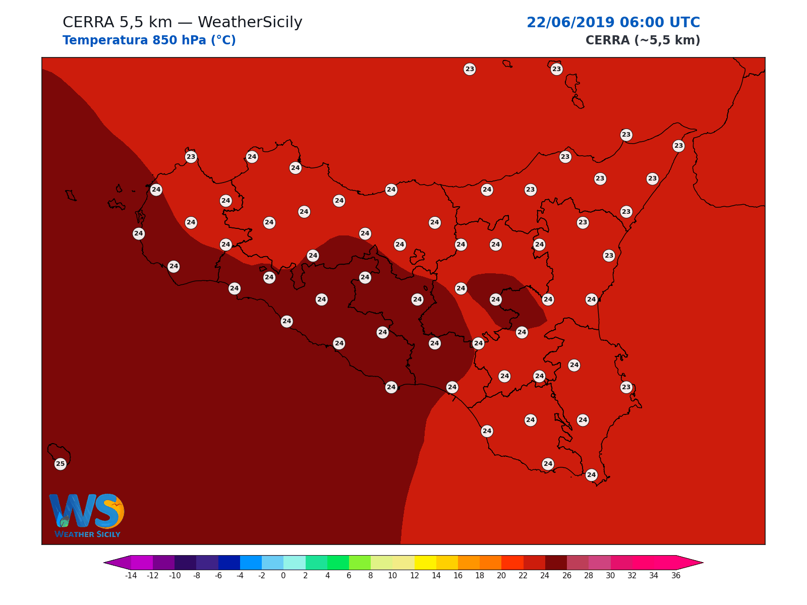Temperatura a 850 hPa · 2019062206
