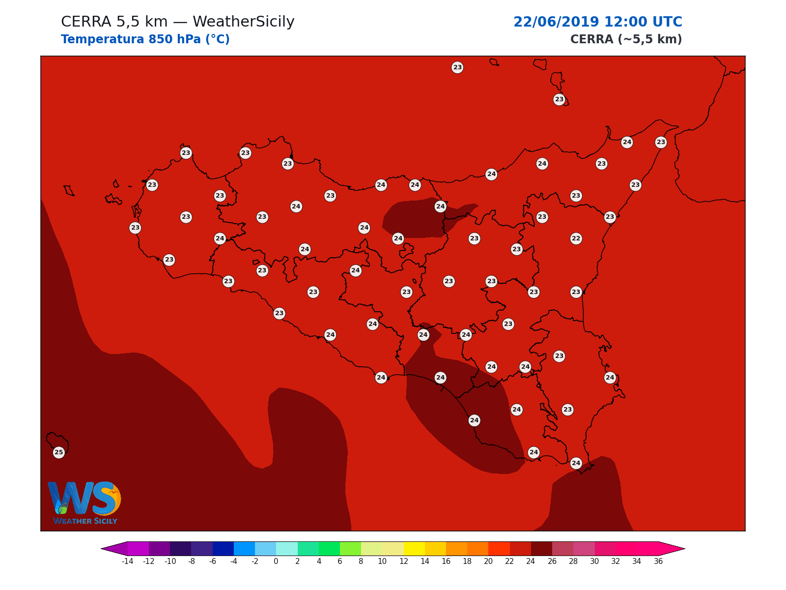 Temperatura a 850 hPa · 2019062212