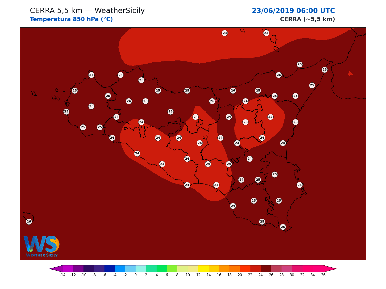 Temperatura a 850 hPa · 2019062306