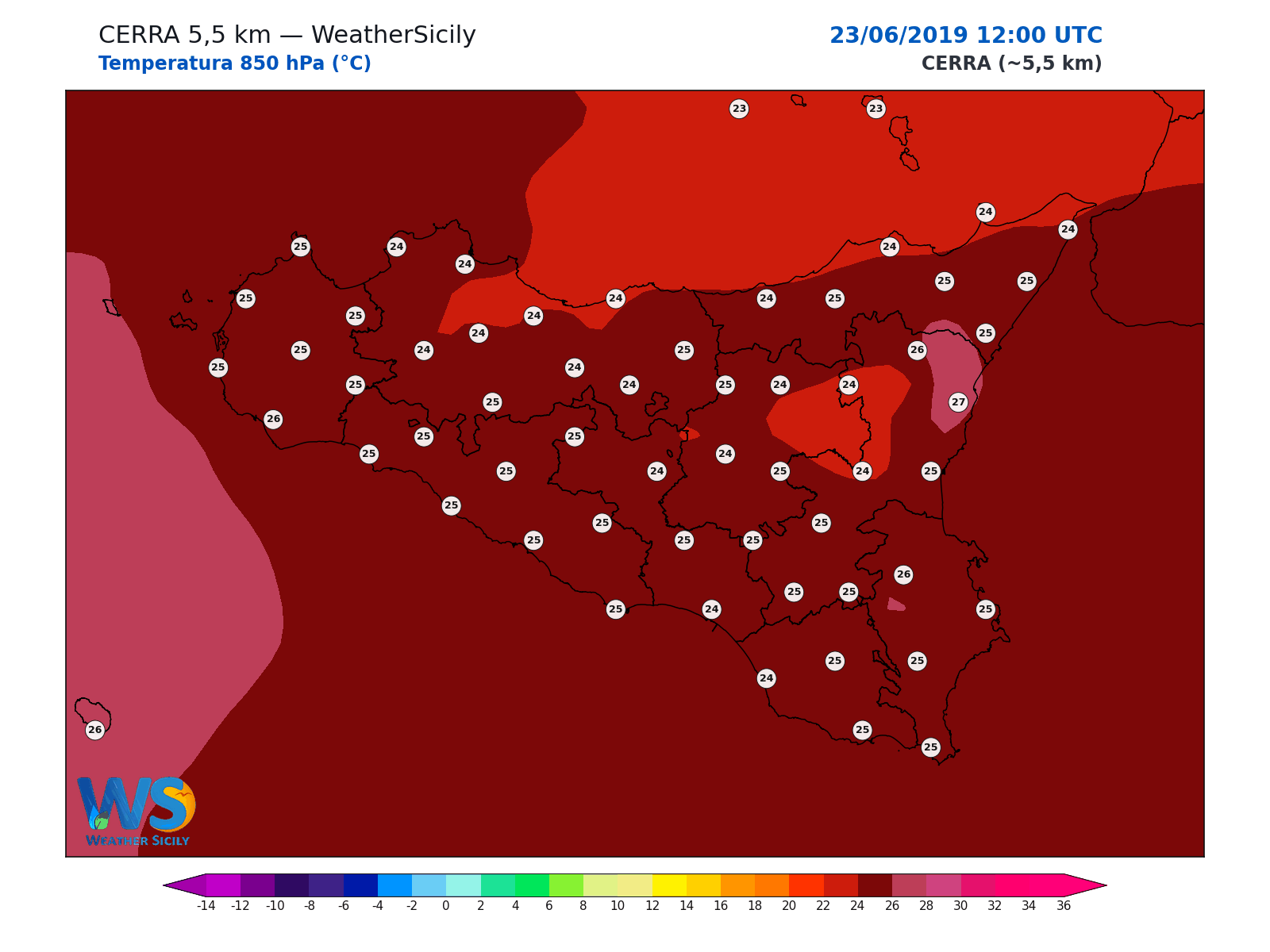 Temperatura a 850 hPa · 2019062312