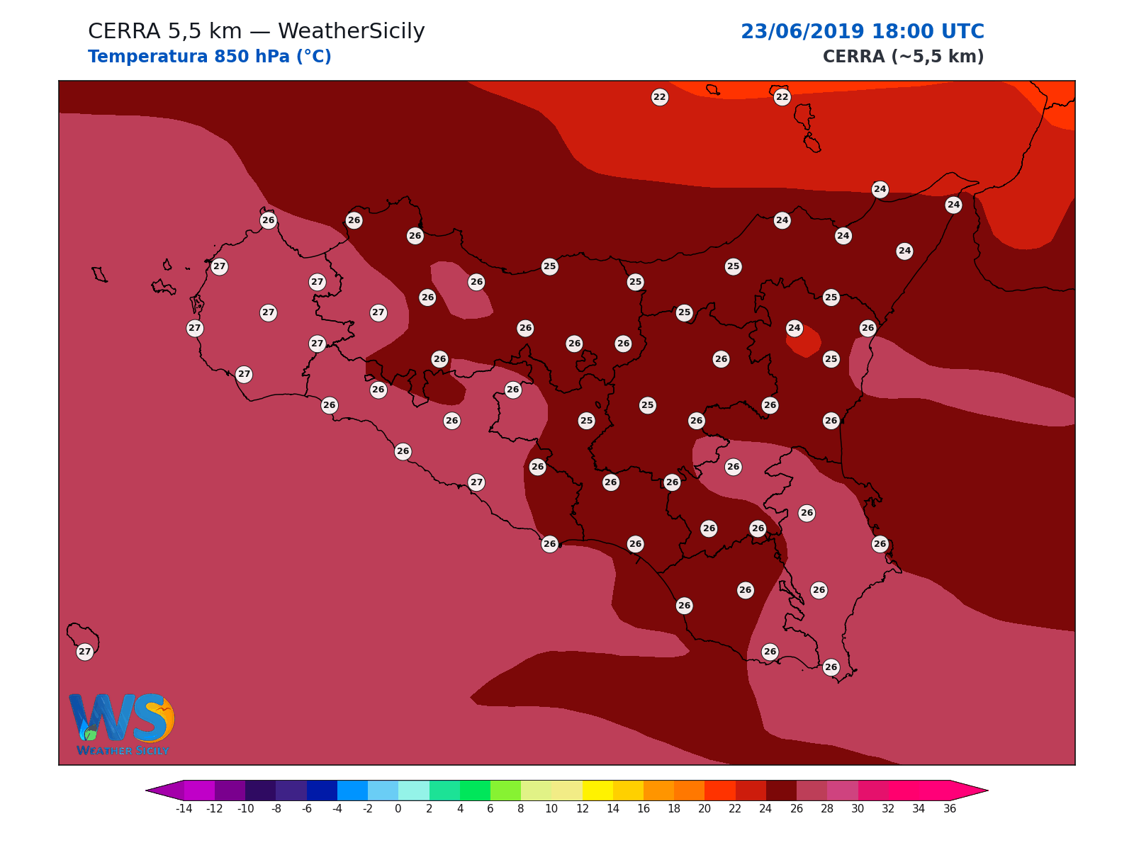 Temperatura a 850 hPa · 2019062318