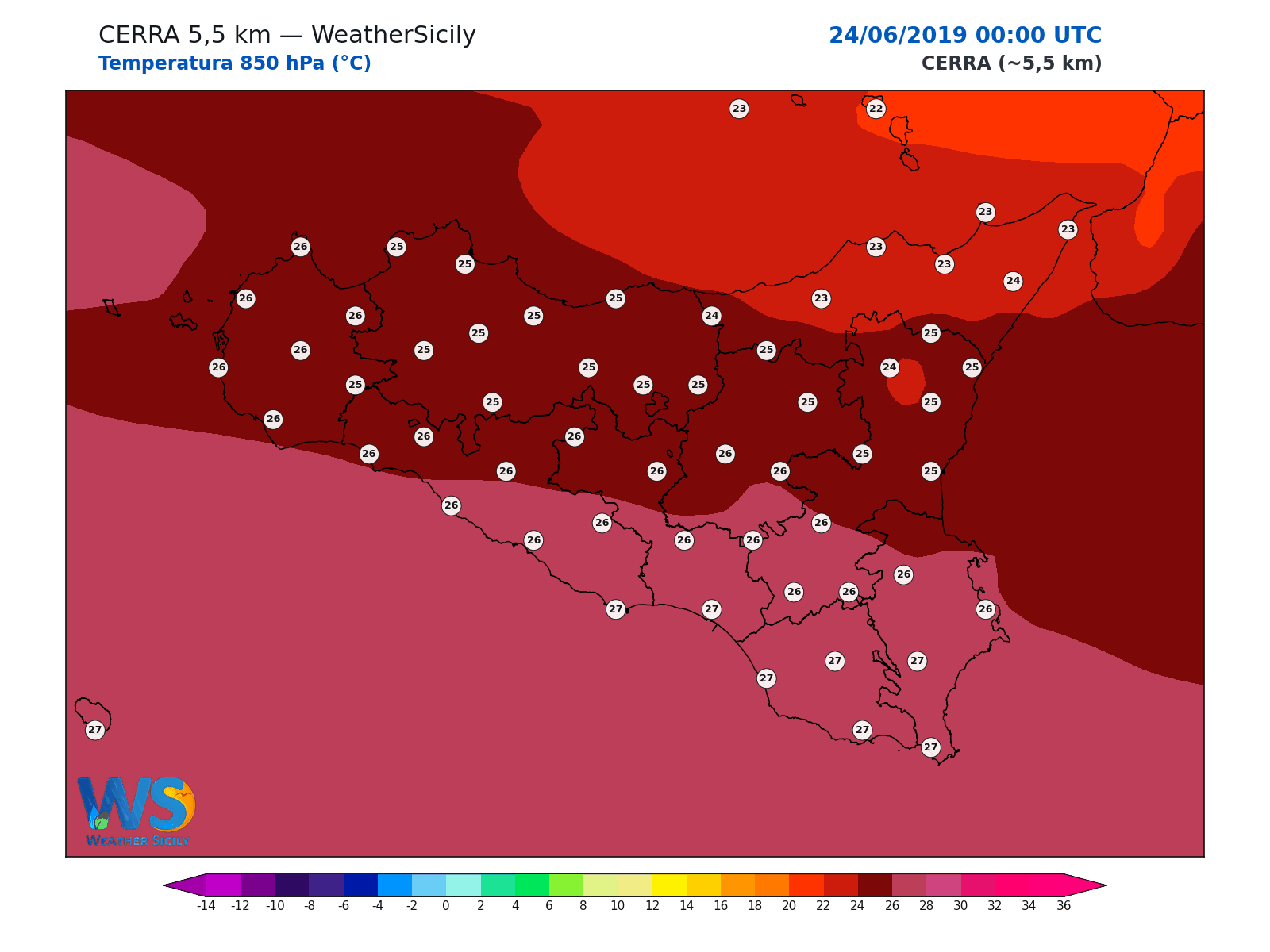 Temperatura a 850 hPa · 2019062400