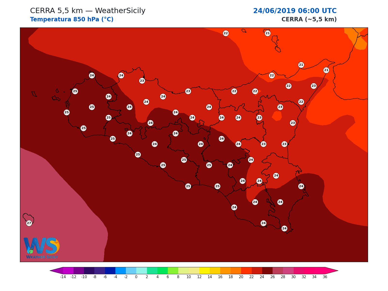 Temperatura a 850 hPa · 2019062406