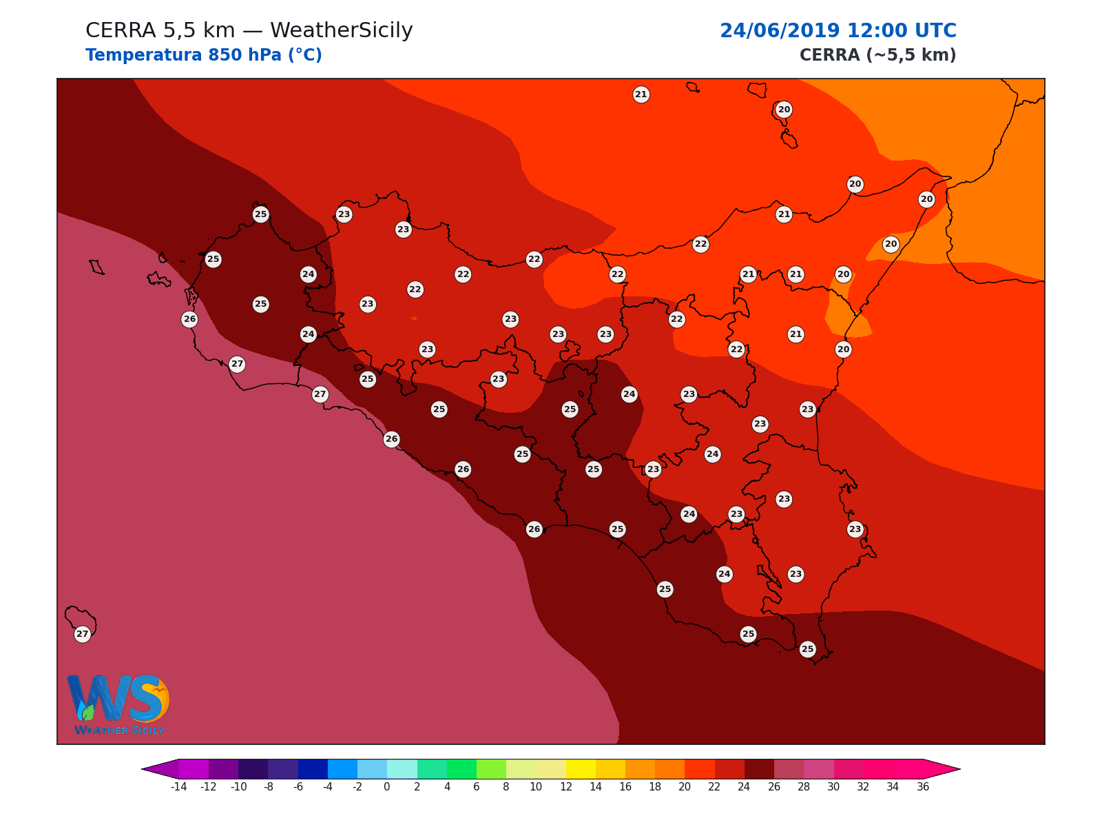 Temperatura a 850 hPa · 2019062412