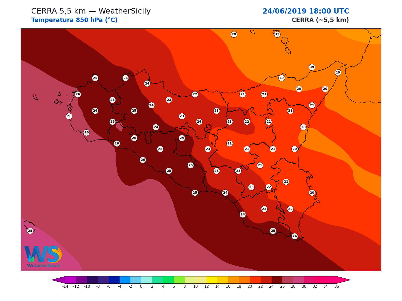 Temperatura a 850 hPa · 2019062418