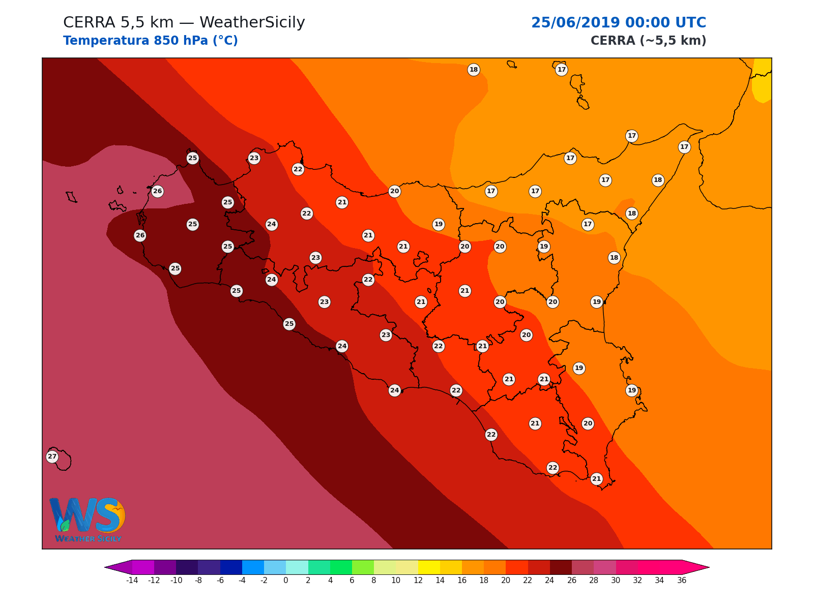 Temperatura a 850 hPa · 2019062500