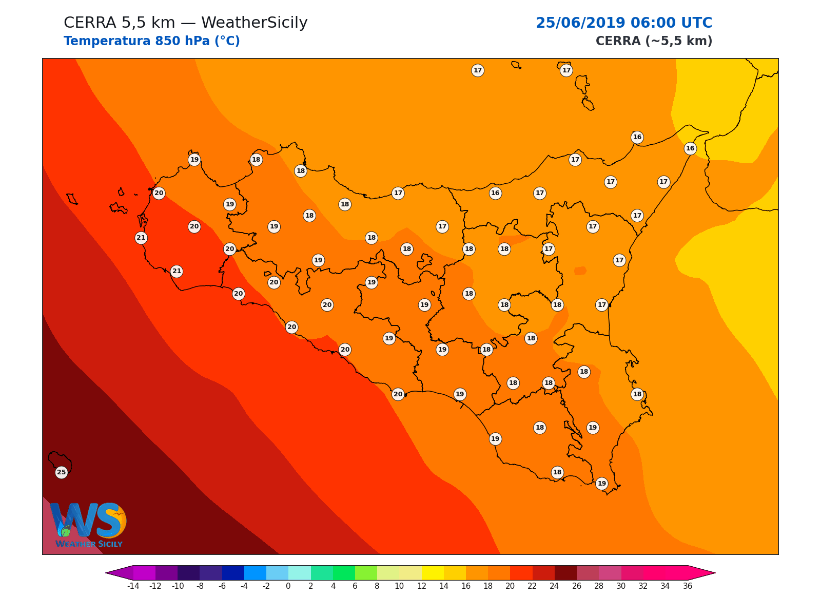 Temperatura a 850 hPa · 2019062506