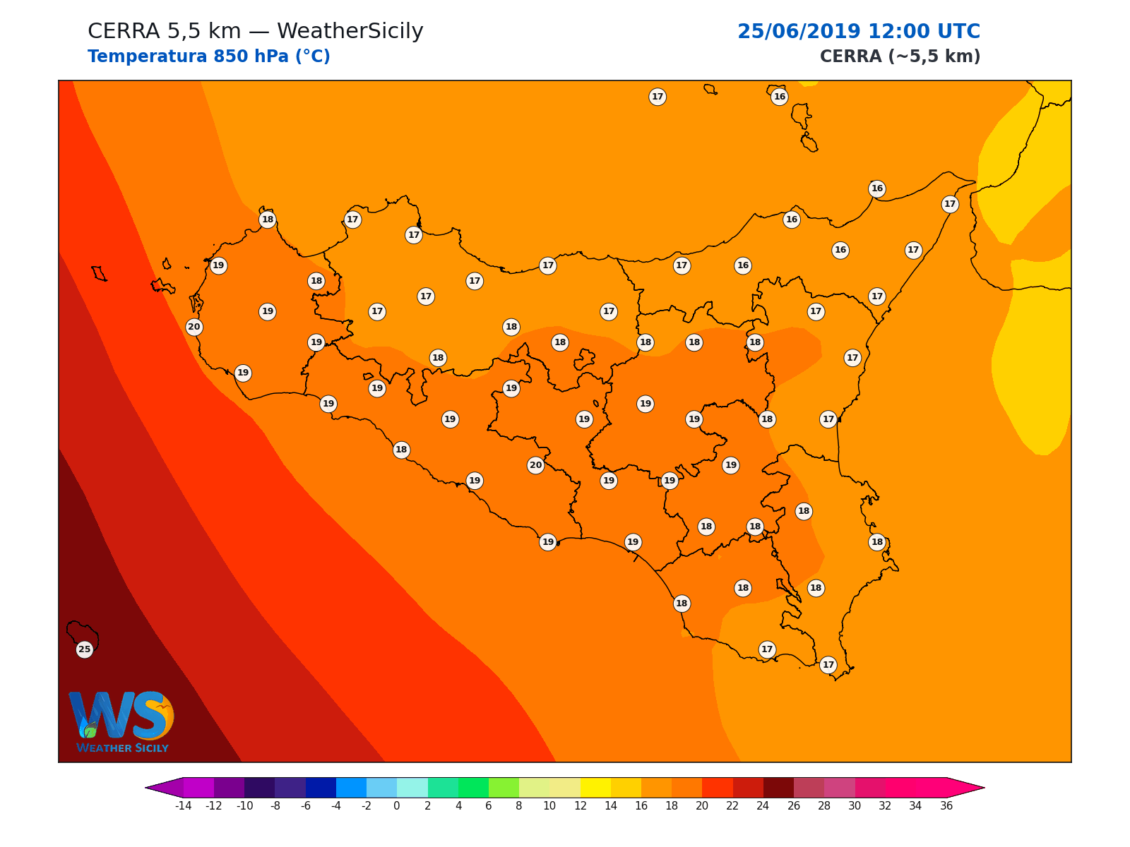 Temperatura a 850 hPa · 2019062512