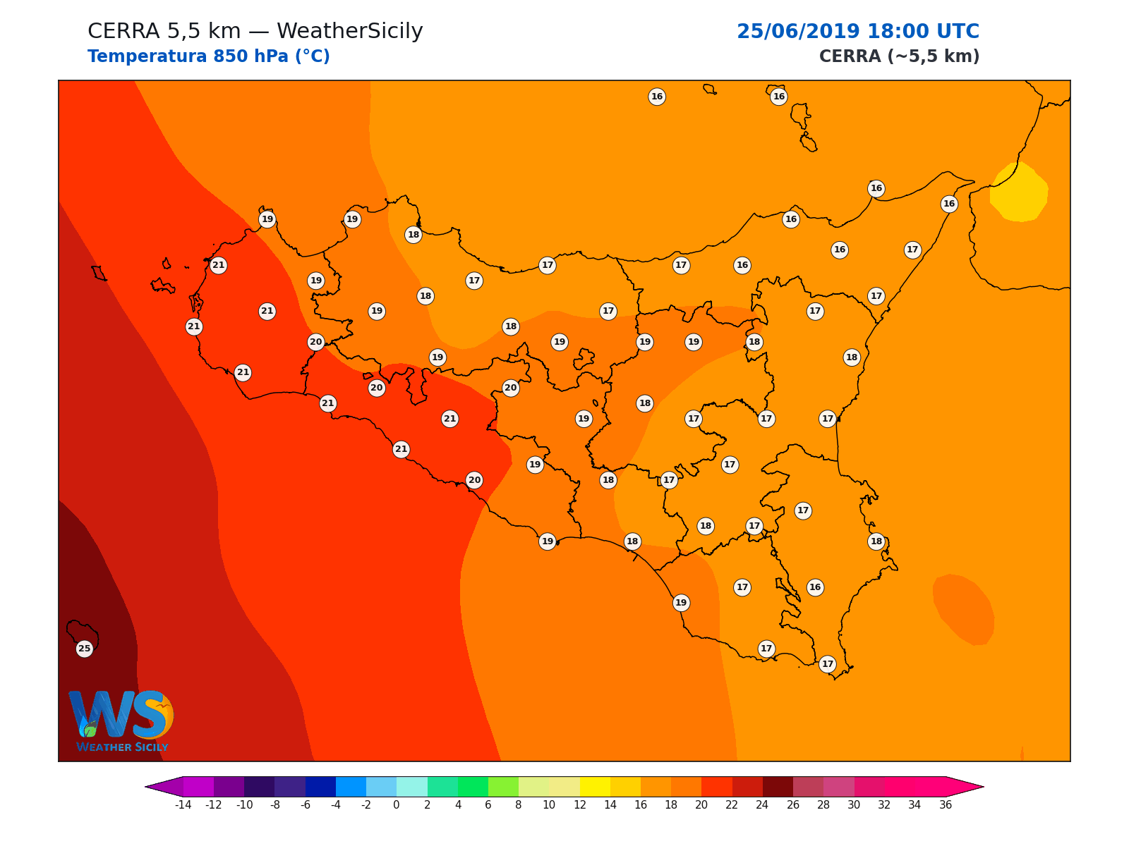 Temperatura a 850 hPa · 2019062518