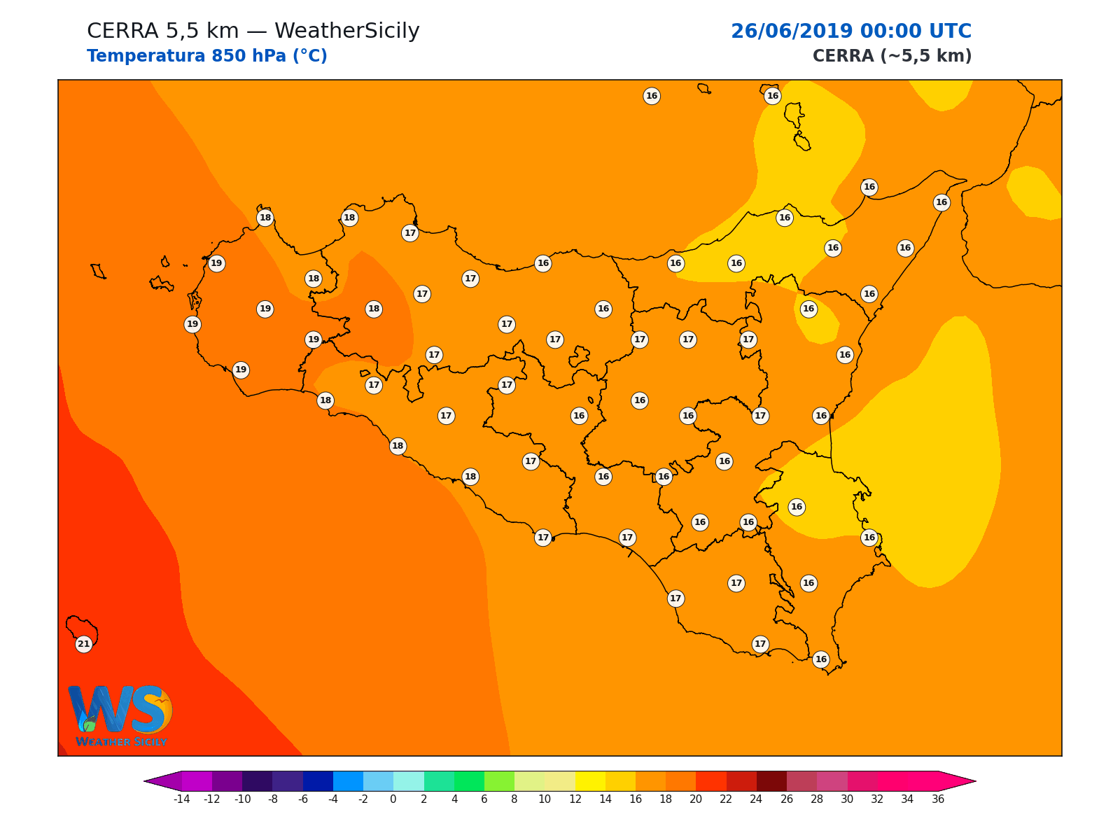 Temperatura a 850 hPa · 2019062600