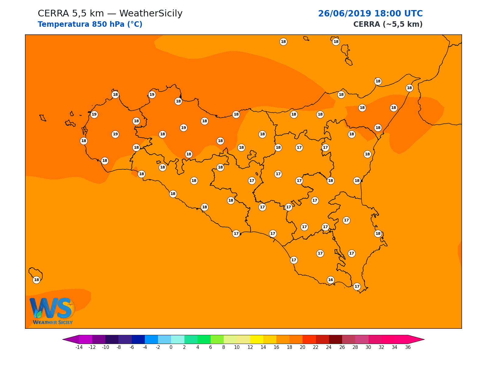 Temperatura a 850 hPa · 2019062618