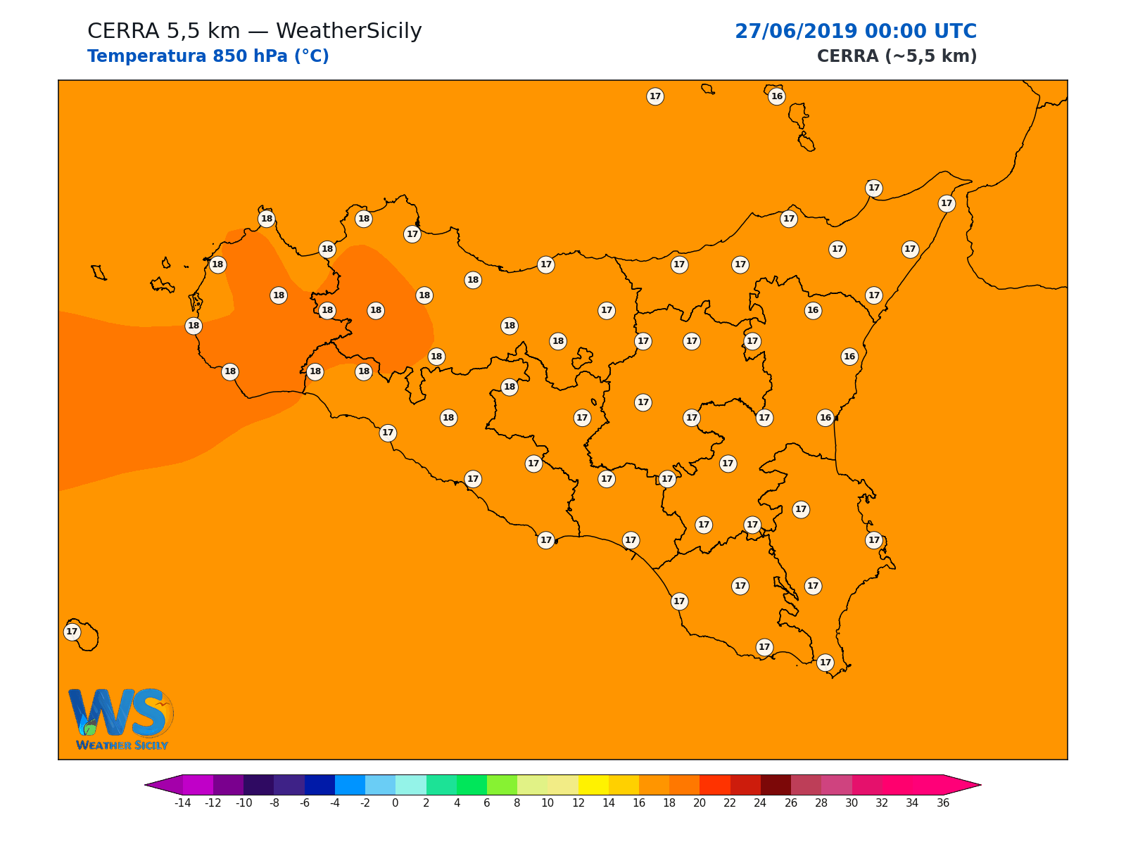 Temperatura a 850 hPa · 2019062700