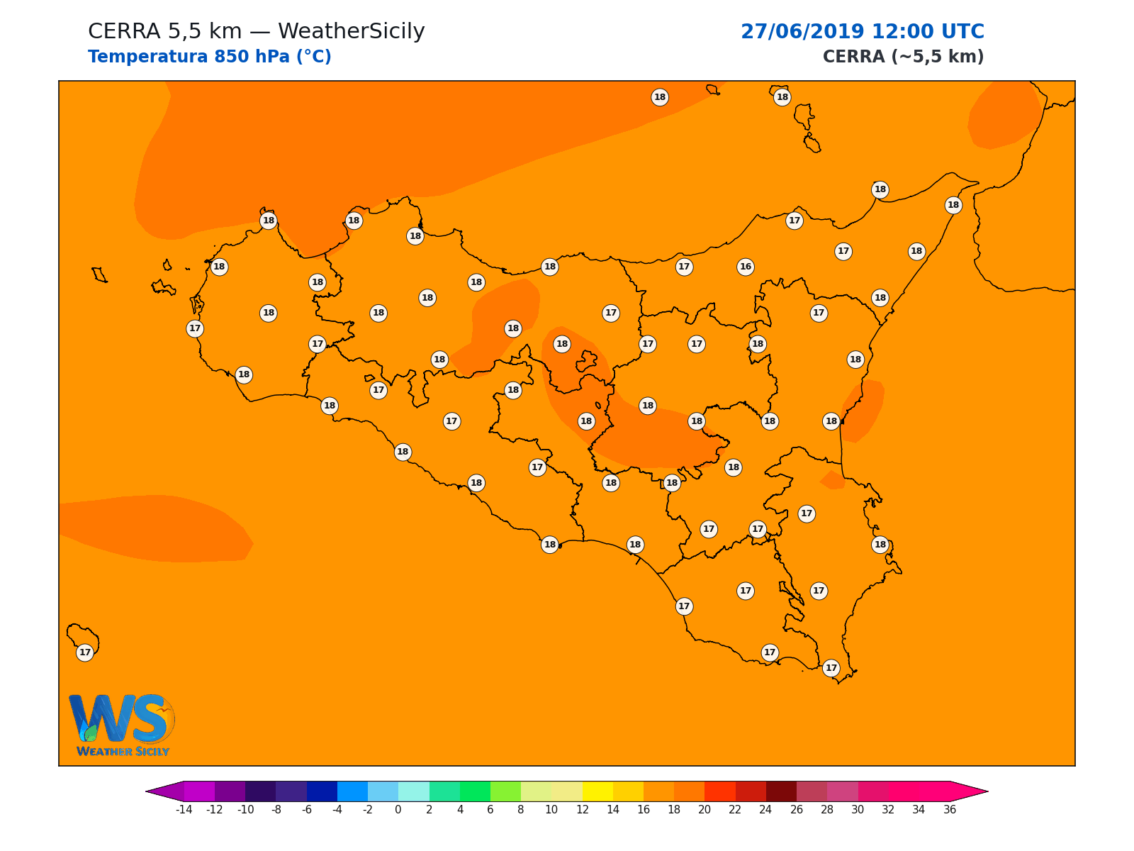 Temperatura a 850 hPa · 2019062712
