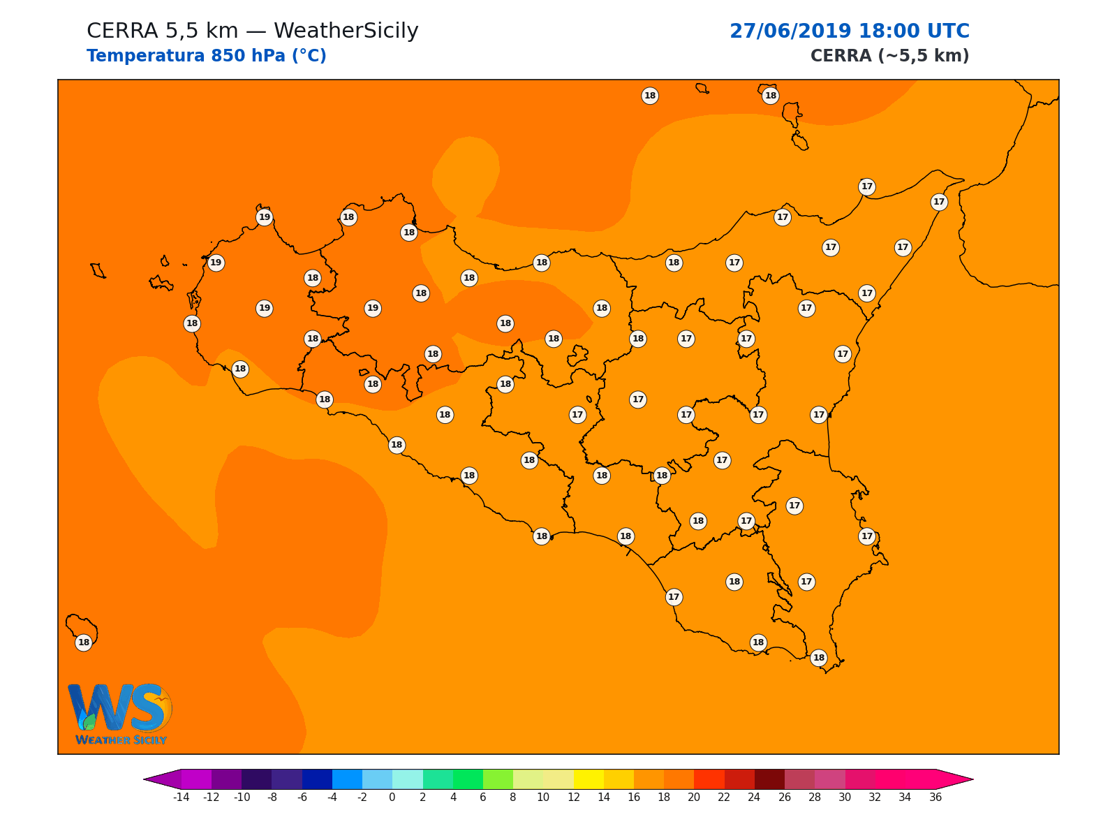 Temperatura a 850 hPa · 2019062718