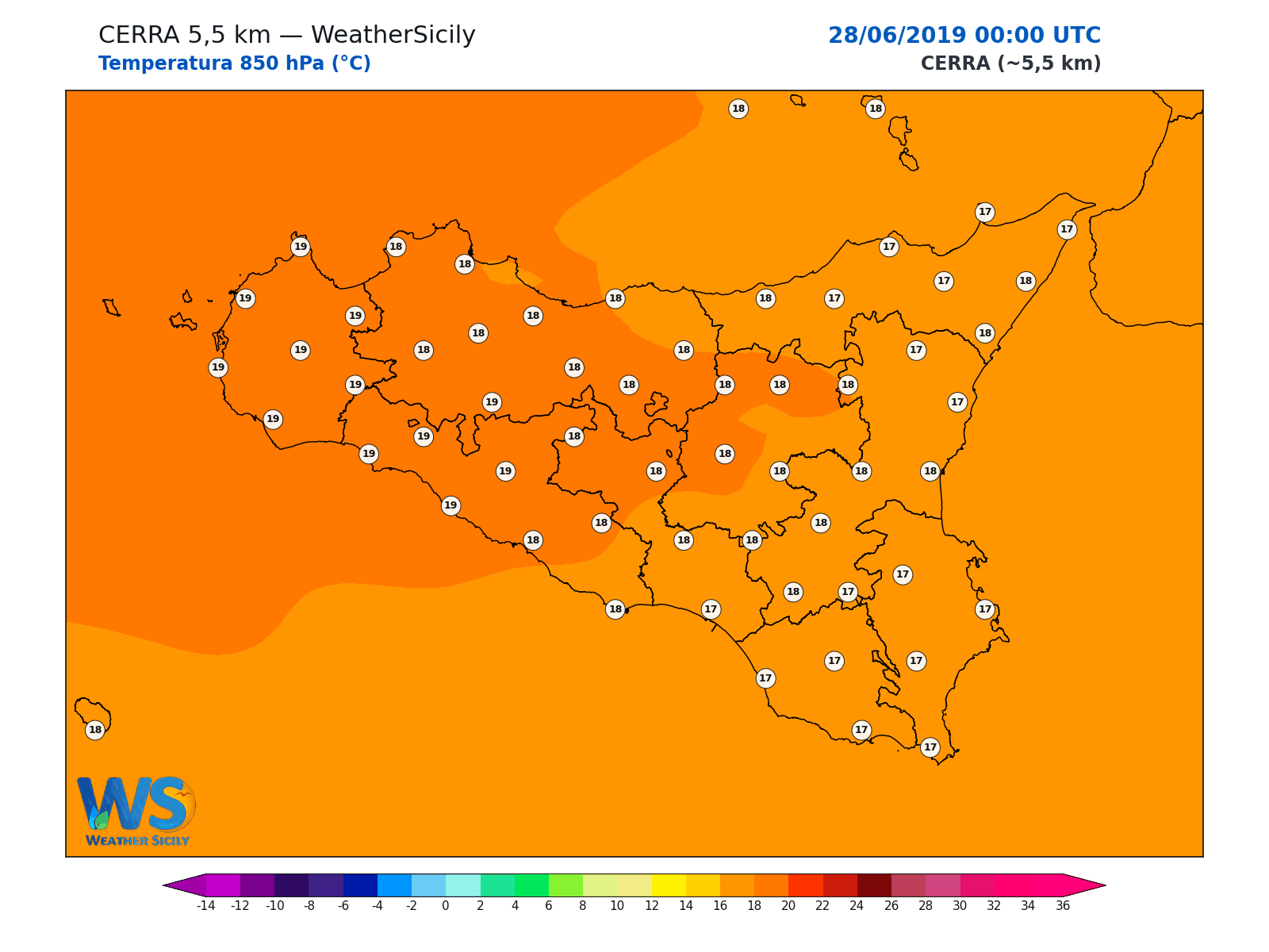 Temperatura a 850 hPa · 2019062800