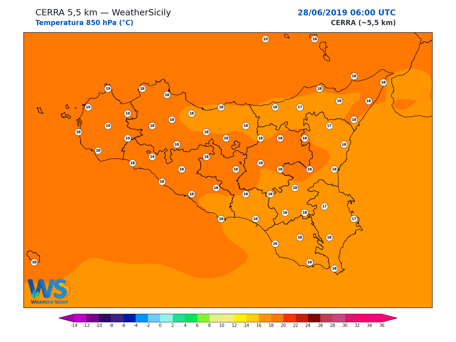 Temperatura a 850 hPa · 2019062806