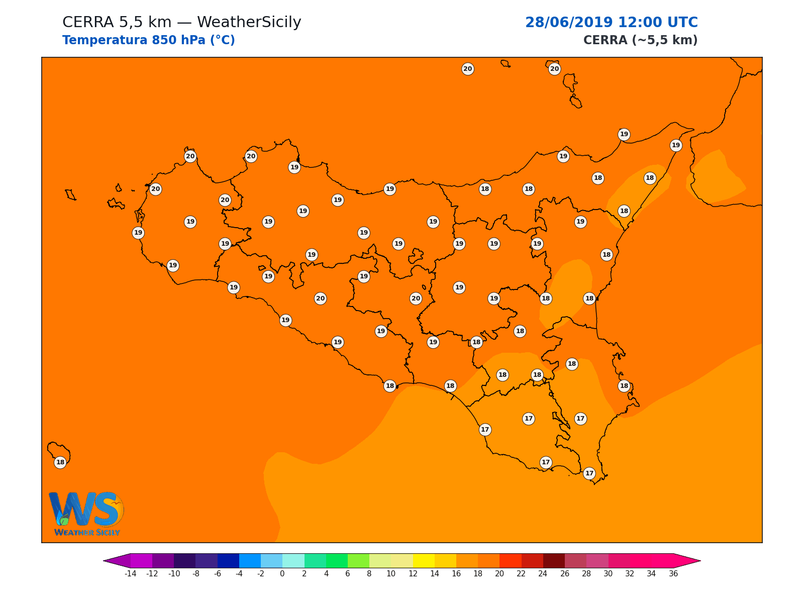 Temperatura a 850 hPa · 2019062812