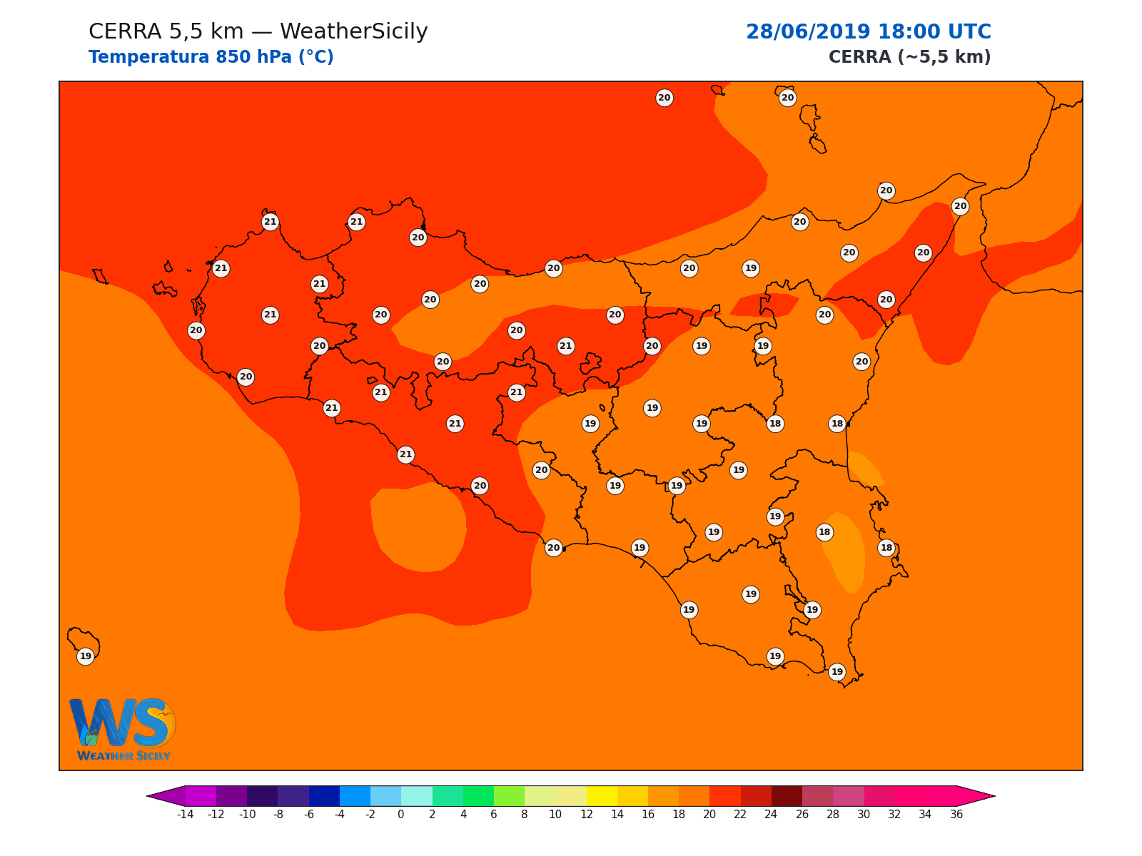 Temperatura a 850 hPa · 2019062818