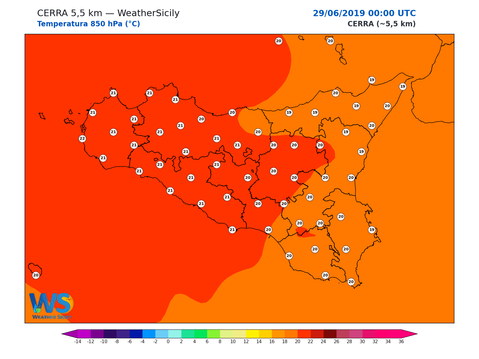 Temperatura a 850 hPa · 2019062900