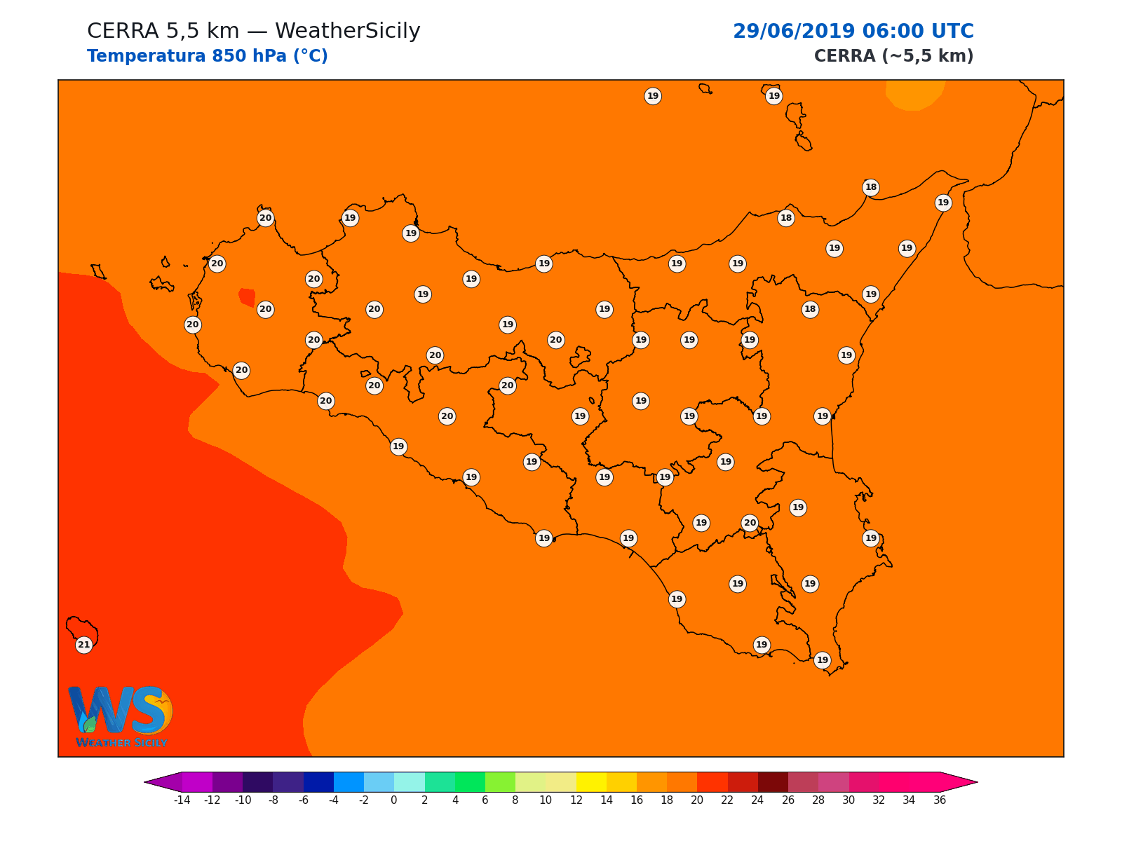 Temperatura a 850 hPa · 2019062906
