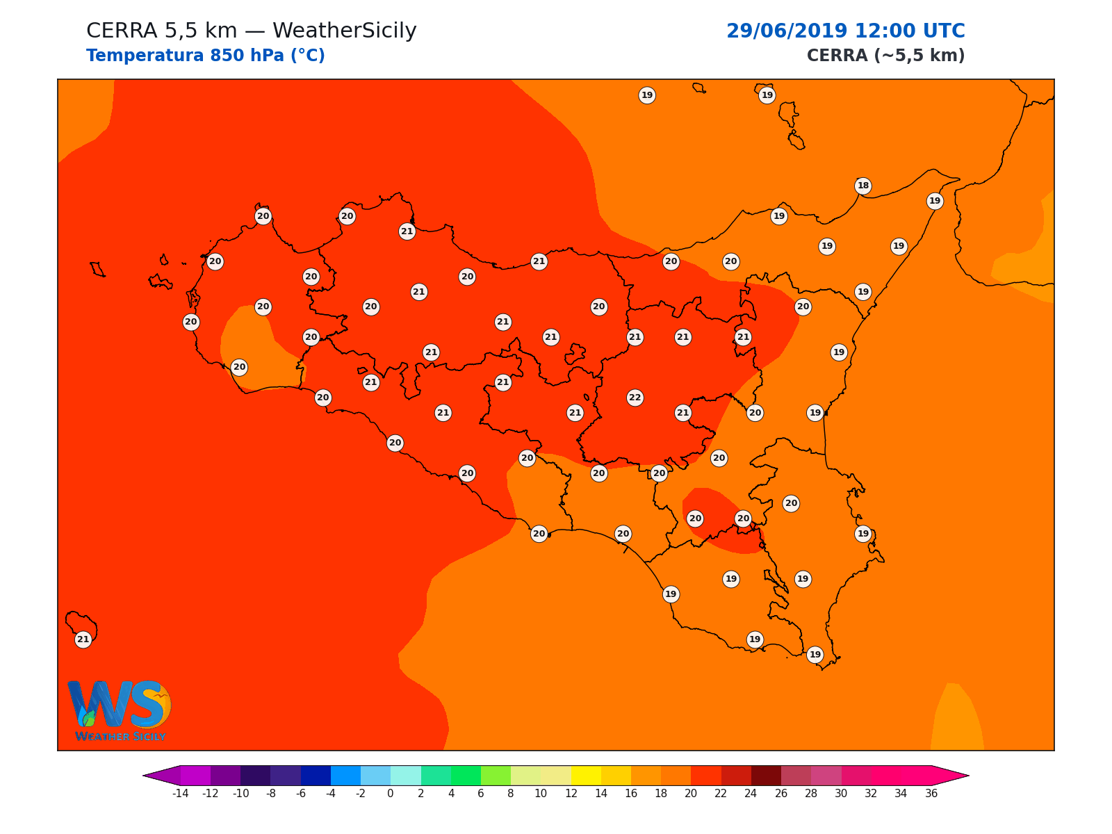 Temperatura a 850 hPa · 2019062912