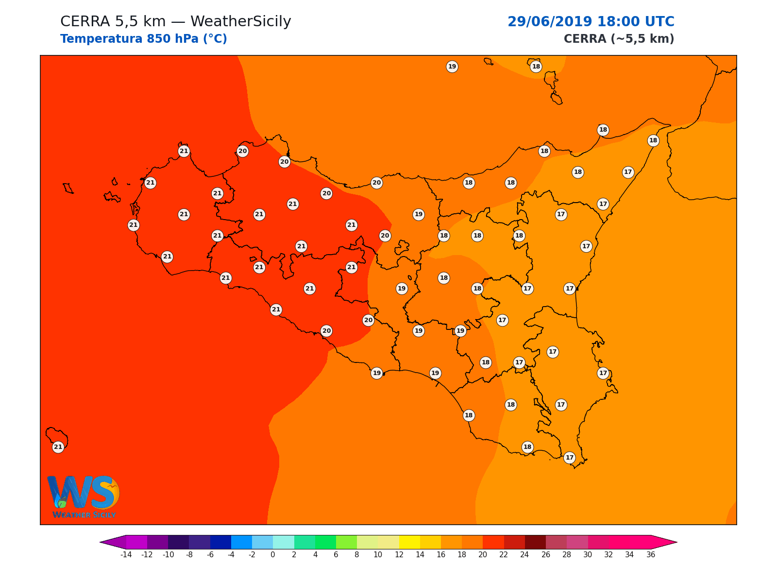 Temperatura a 850 hPa · 2019062918