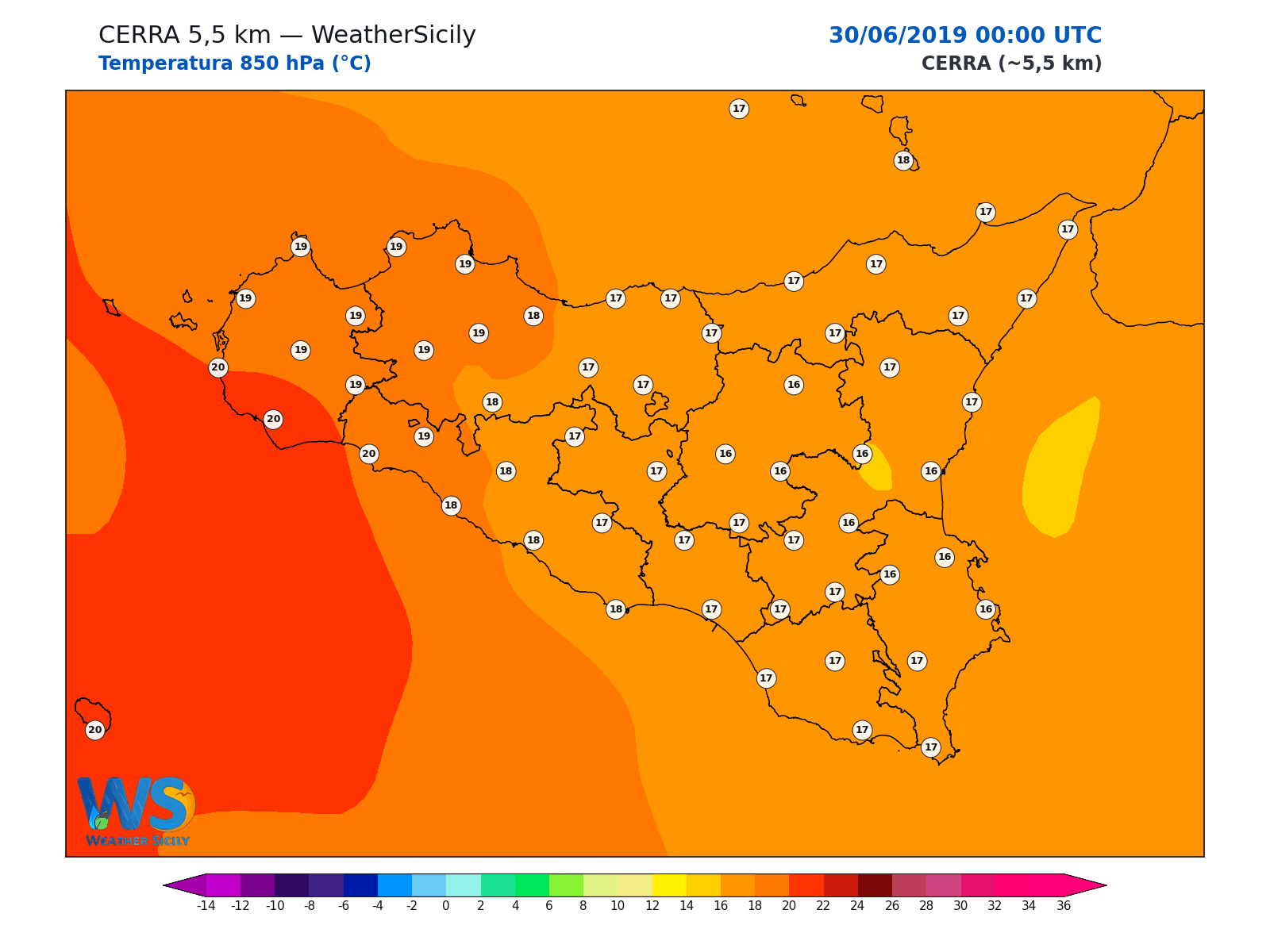 Temperatura a 850 hPa · 2019063000