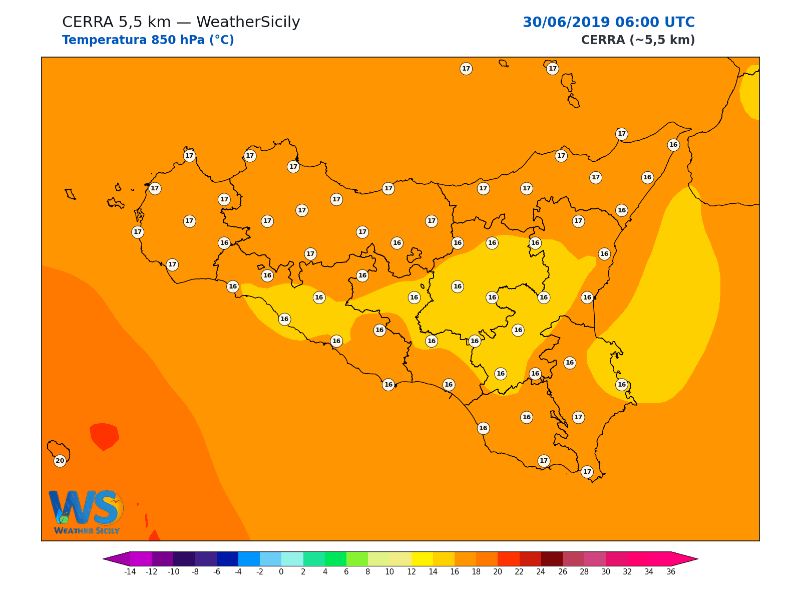 Temperatura a 850 hPa · 2019063006