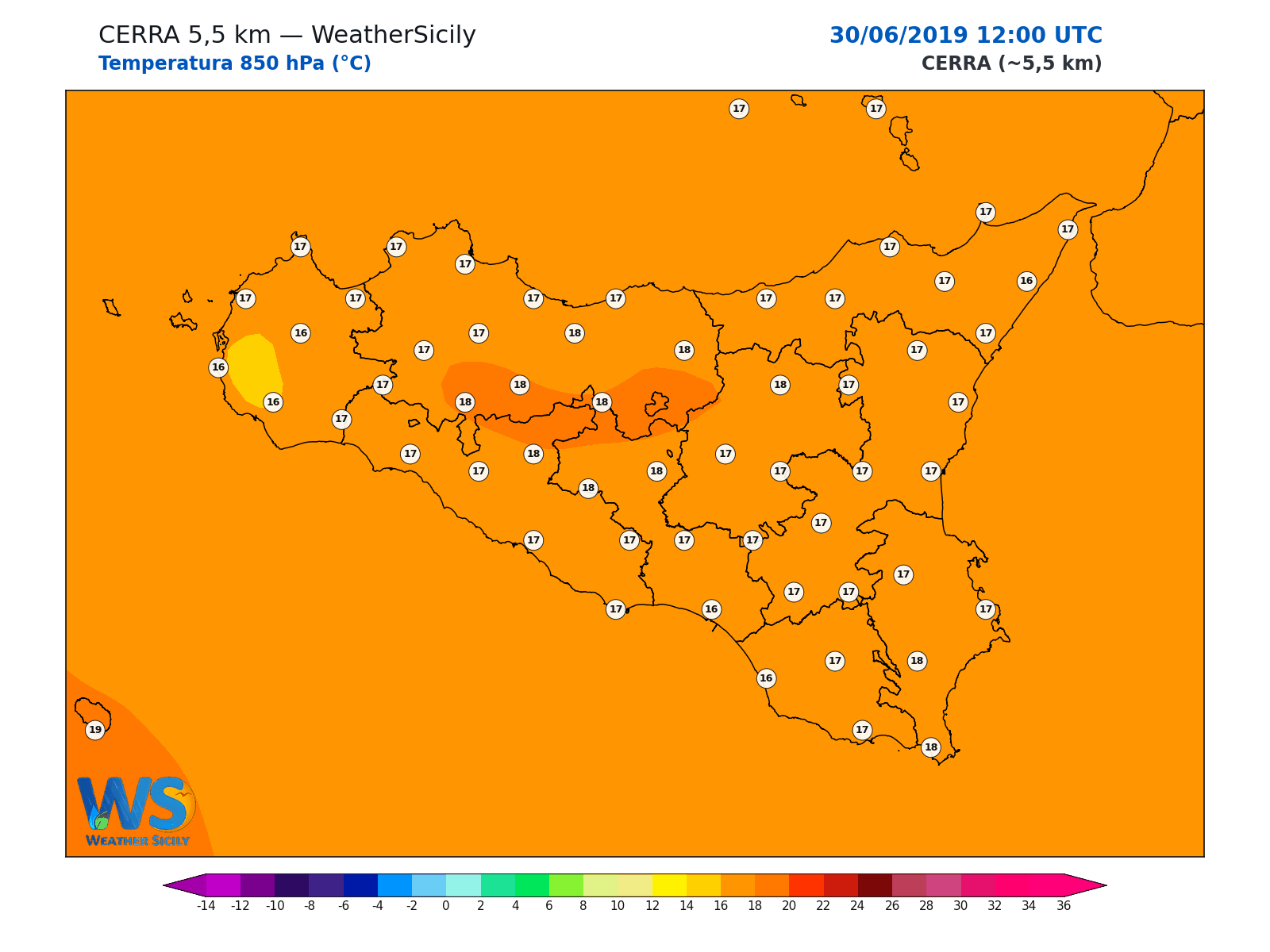 Temperatura a 850 hPa · 2019063012