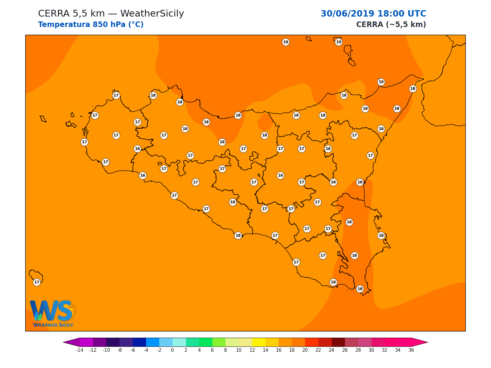 Temperatura a 850 hPa · 2019063018