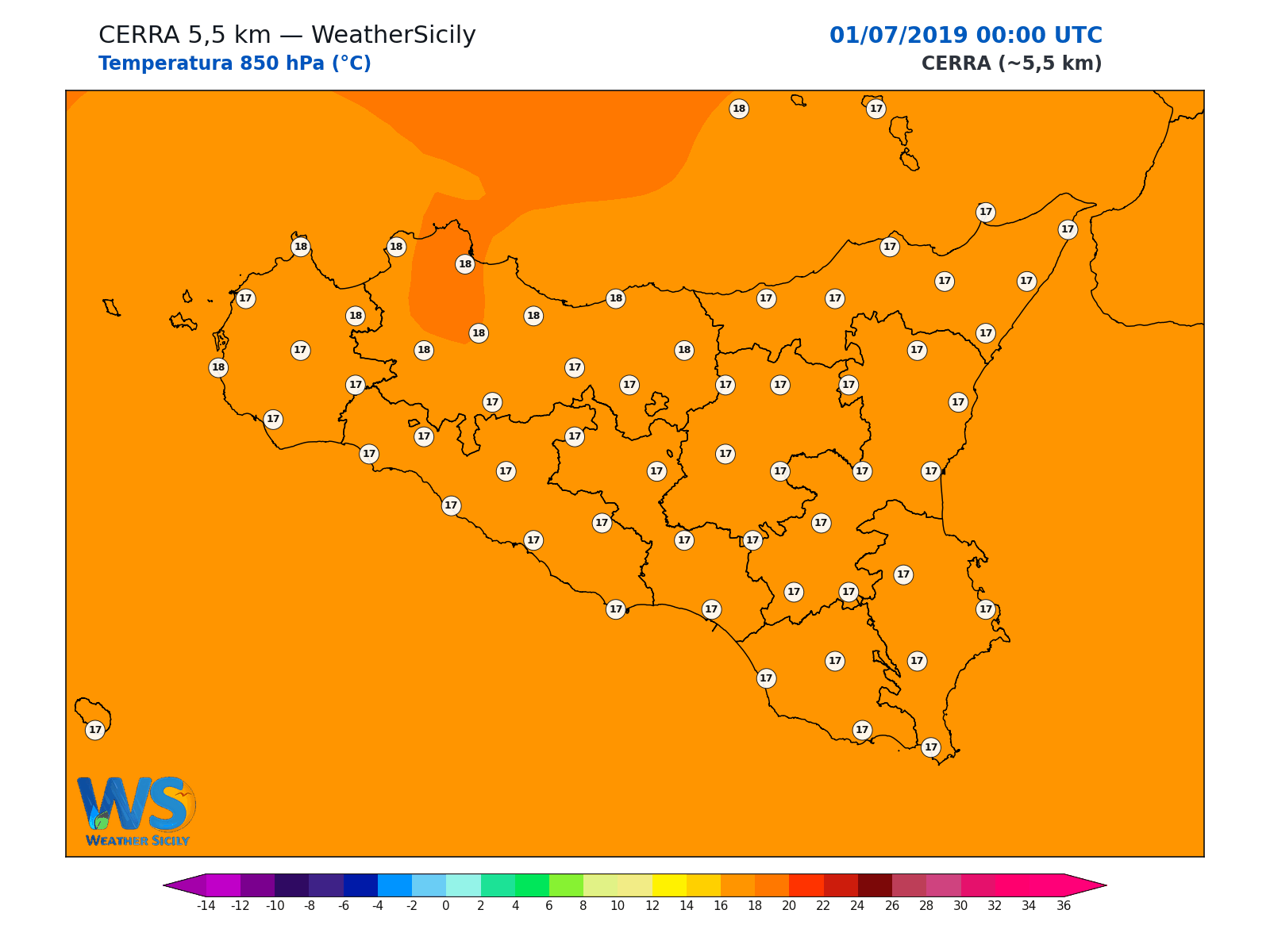 Temperatura a 850 hPa · 2019070100