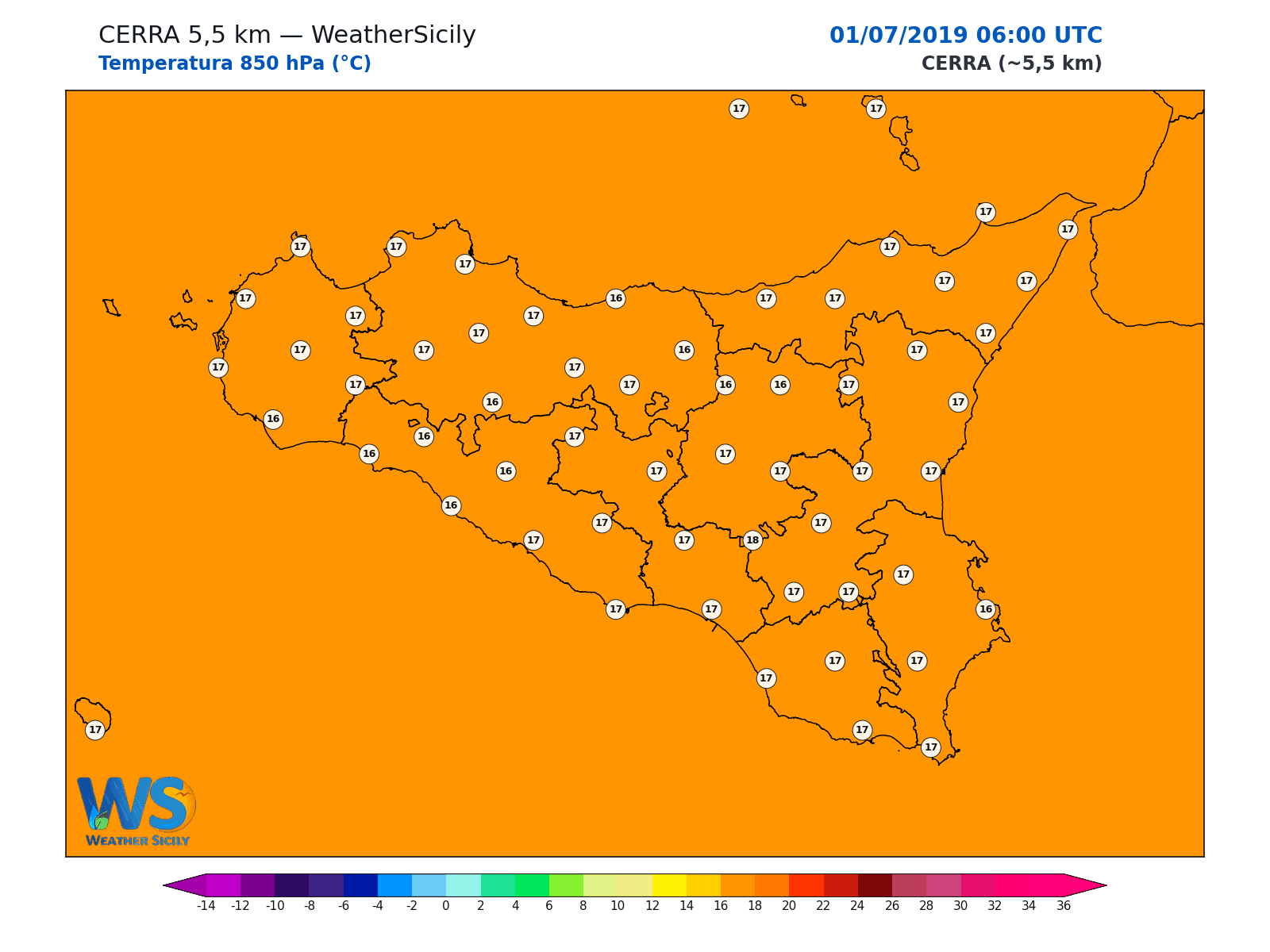 Temperatura a 850 hPa · 2019070106
