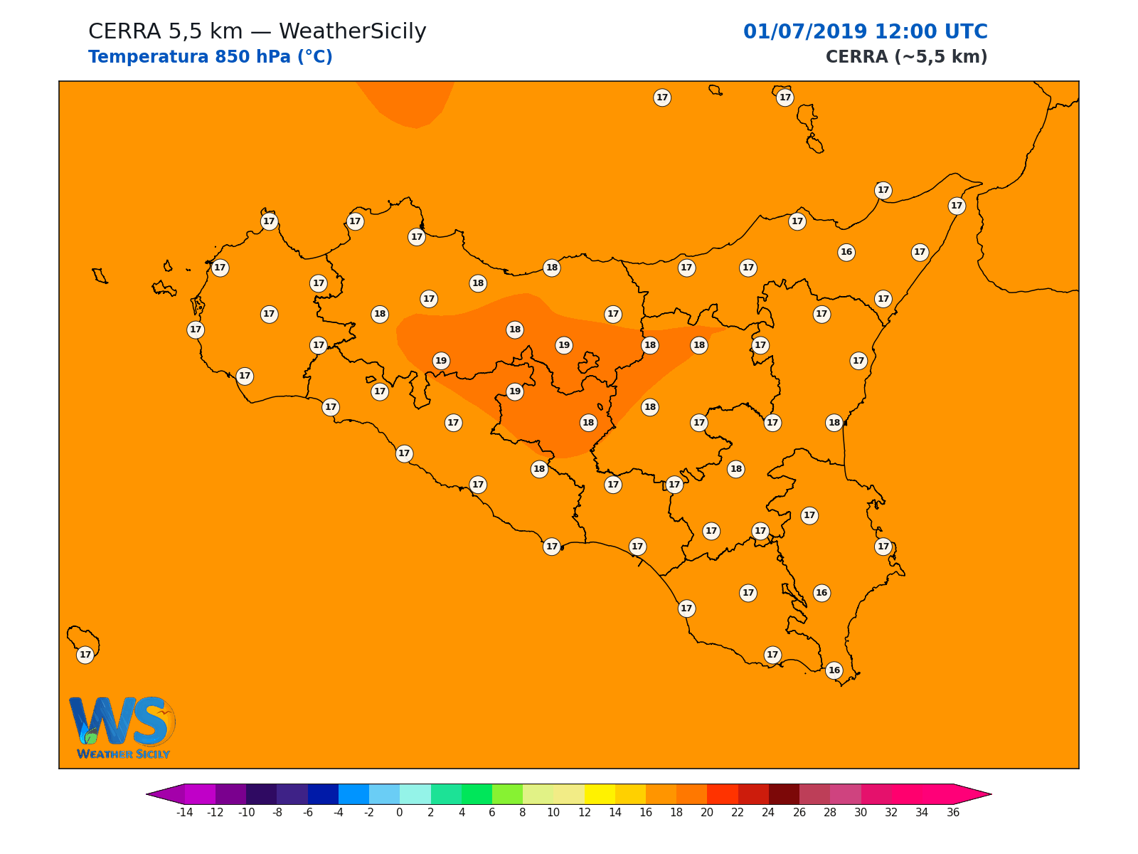 Temperatura a 850 hPa · 2019070112