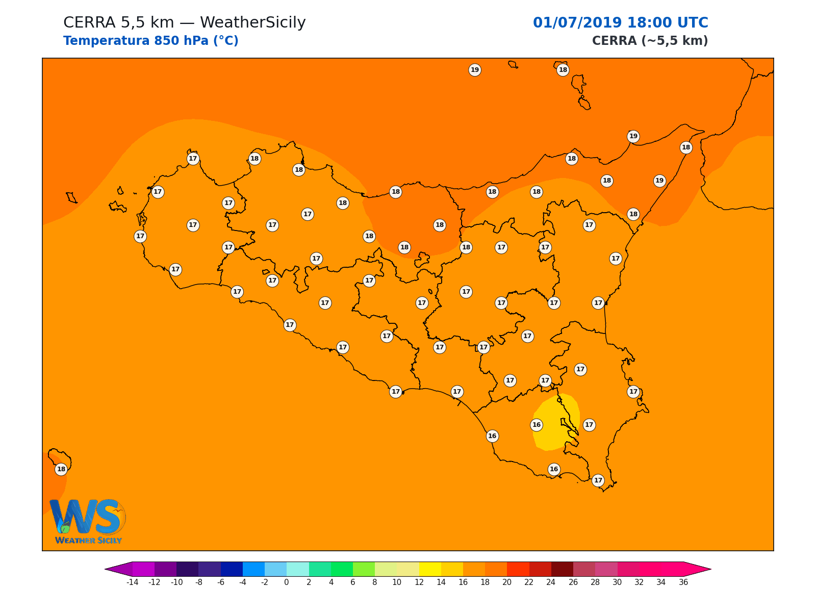 Temperatura a 850 hPa · 2019070118
