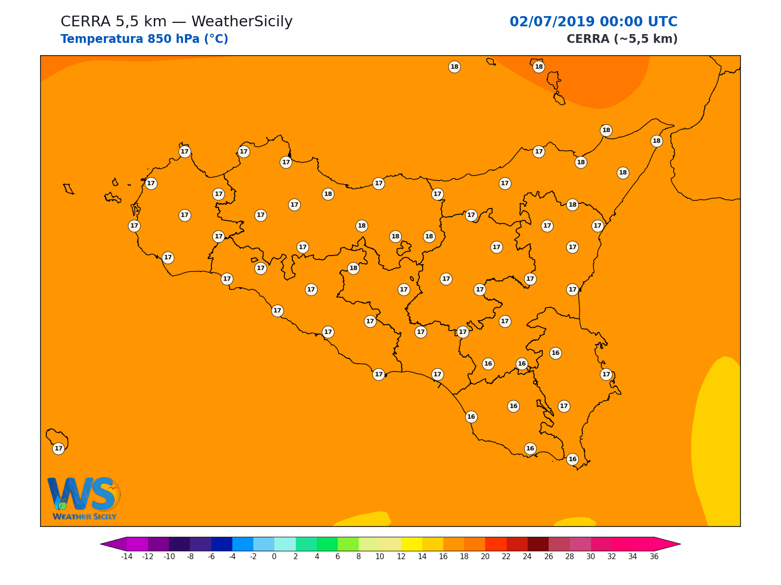 Temperatura a 850 hPa · 2019070200