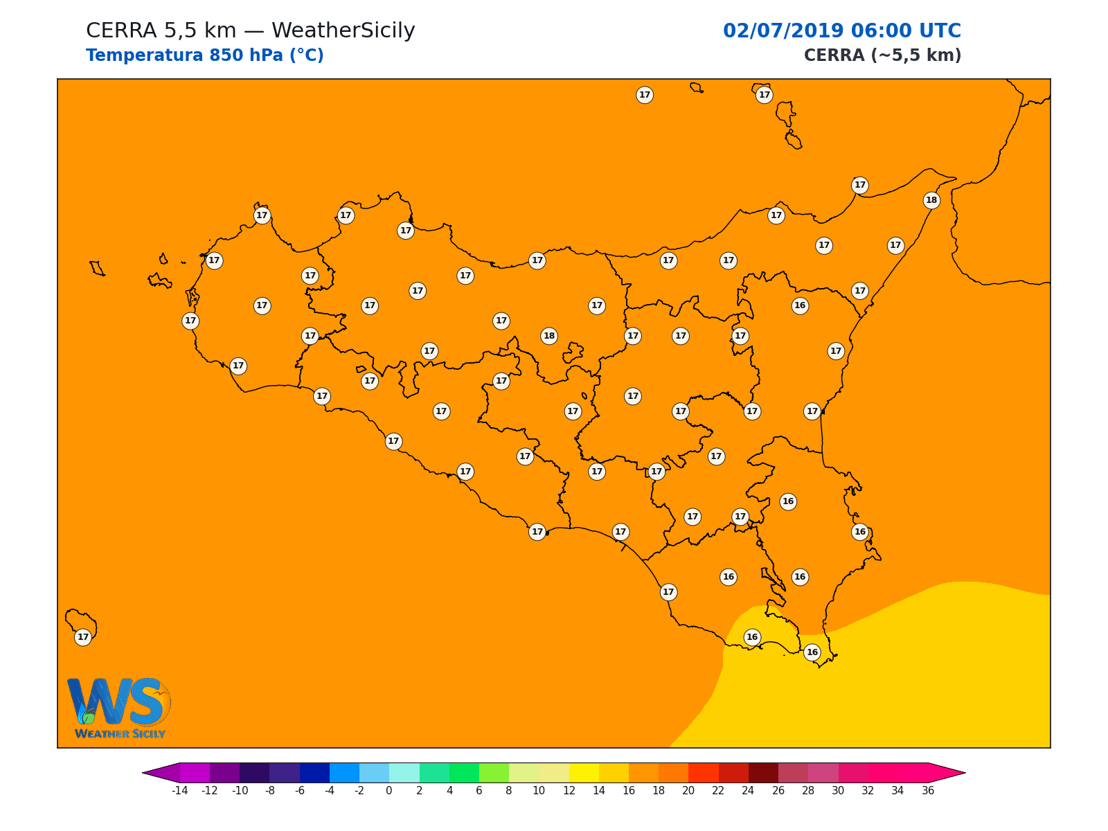 Temperatura a 850 hPa · 2019070206