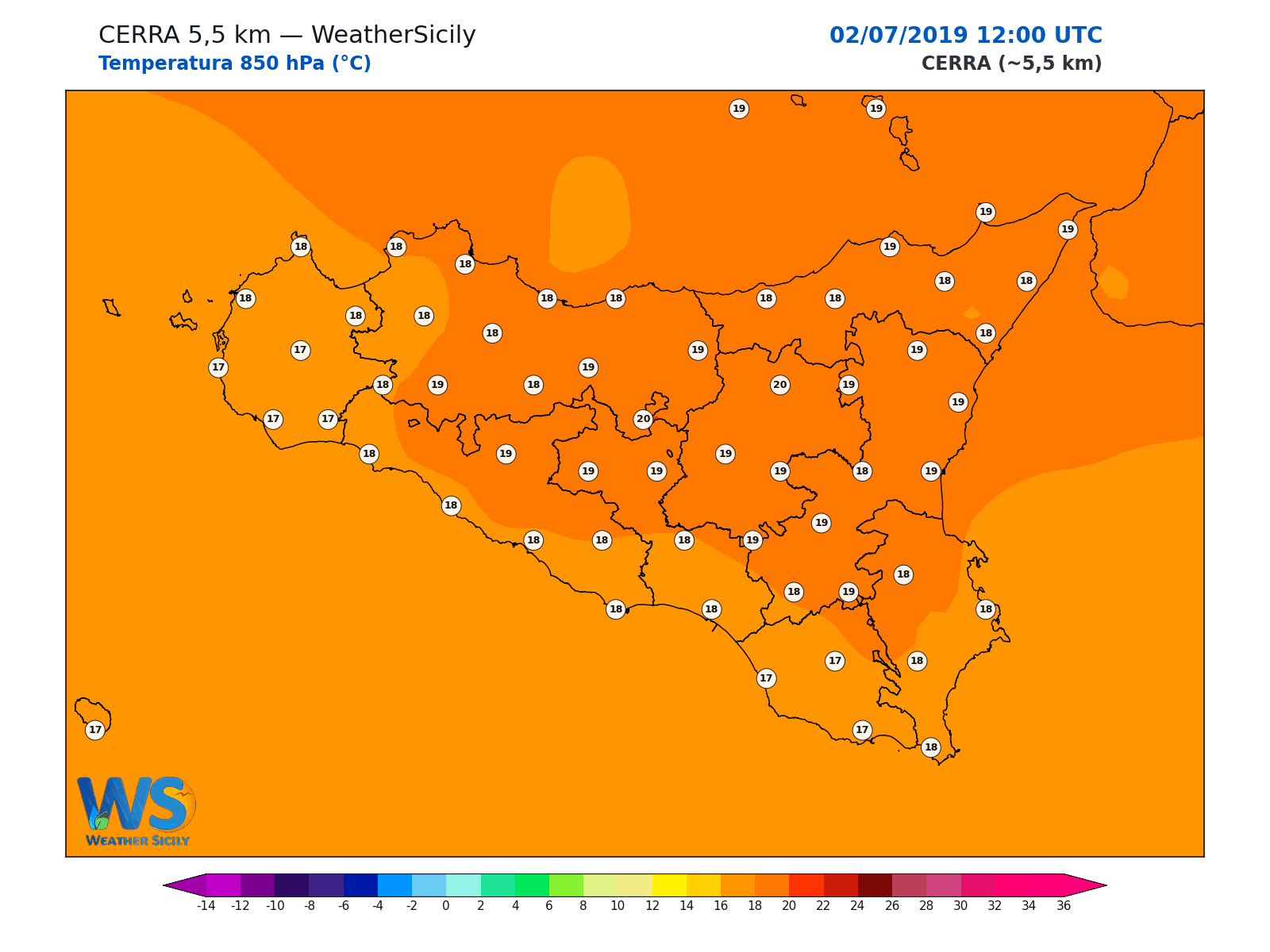 Temperatura a 850 hPa · 2019070212