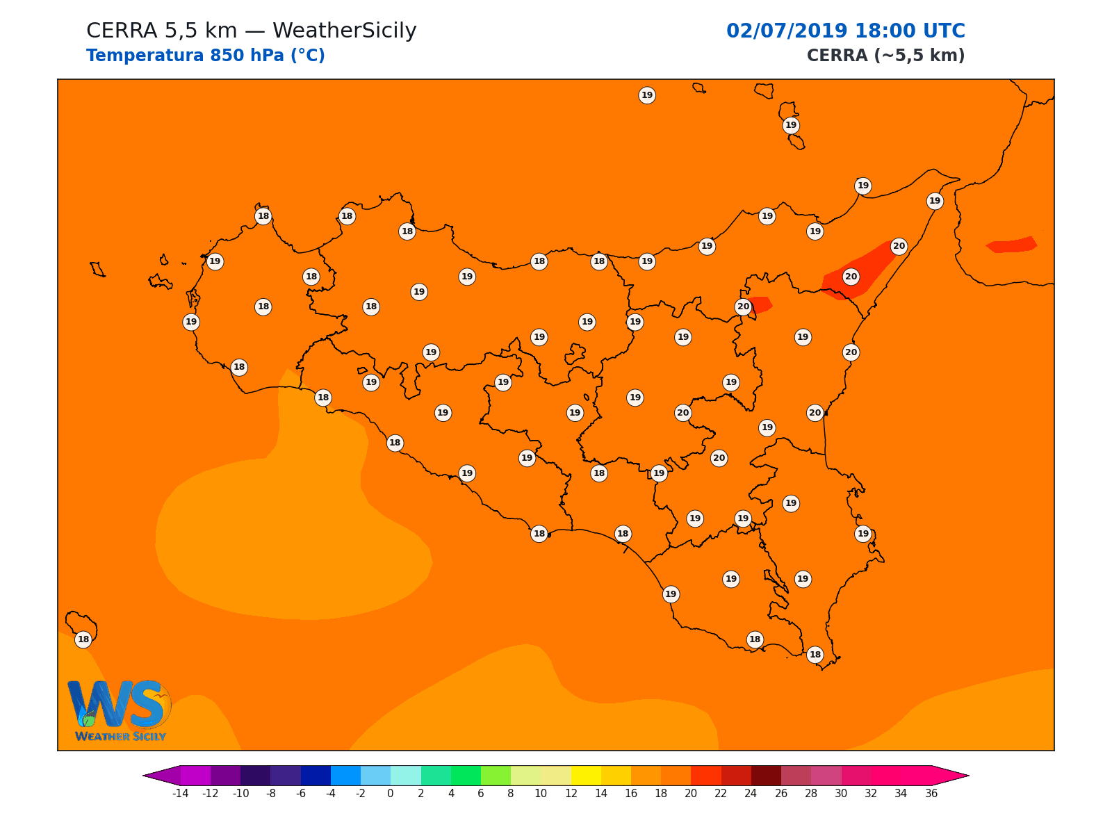 Temperatura a 850 hPa · 2019070218