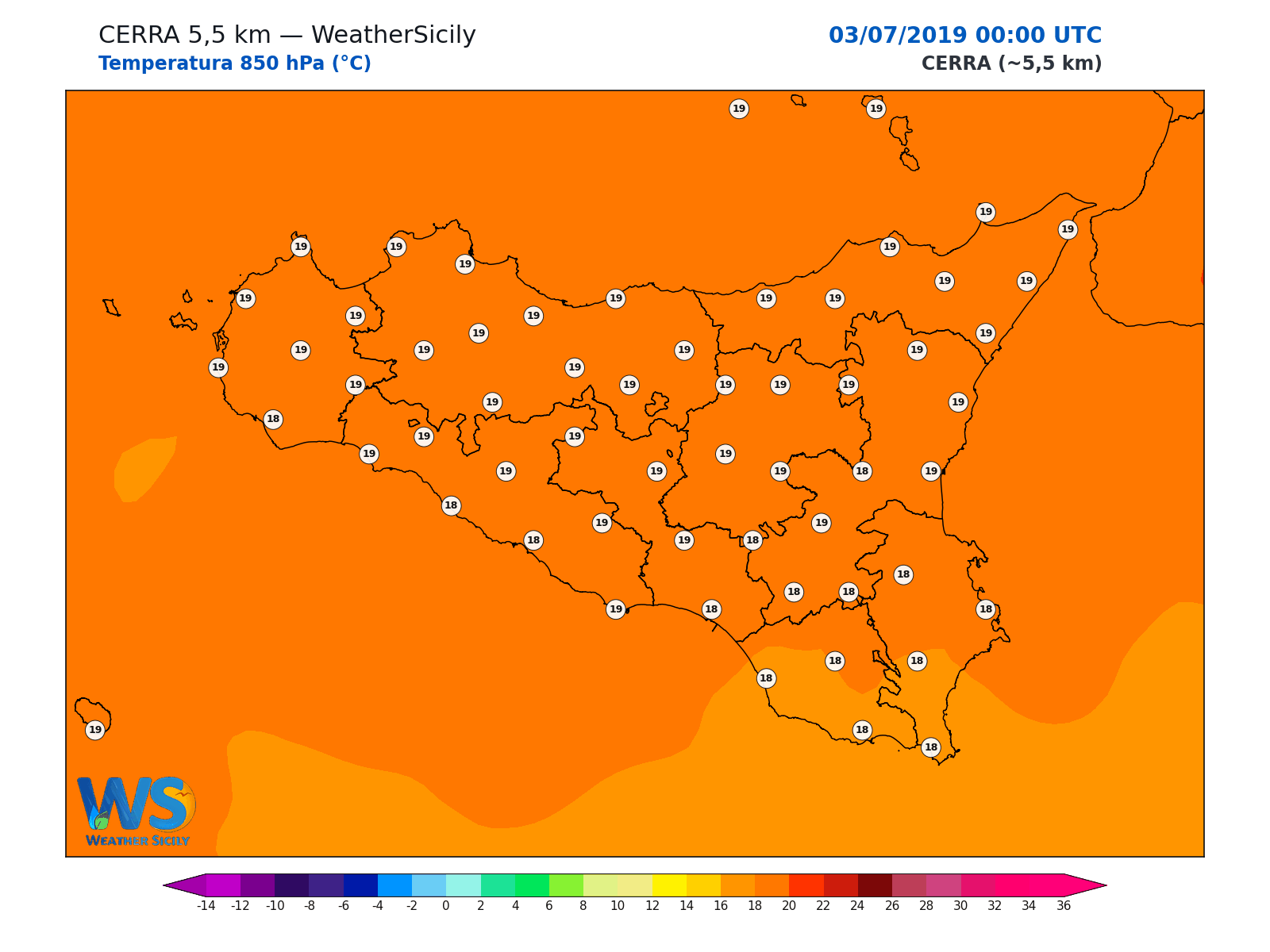Temperatura a 850 hPa · 2019070300