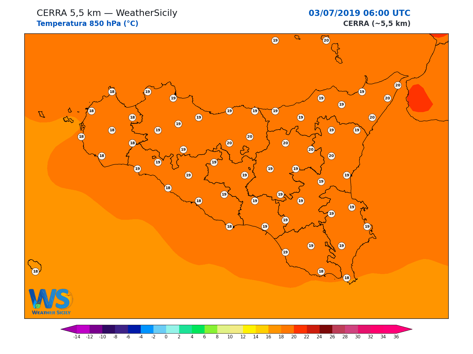 Temperatura a 850 hPa · 2019070306