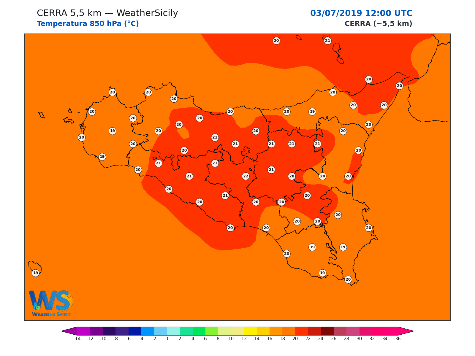 Temperatura a 850 hPa · 2019070312