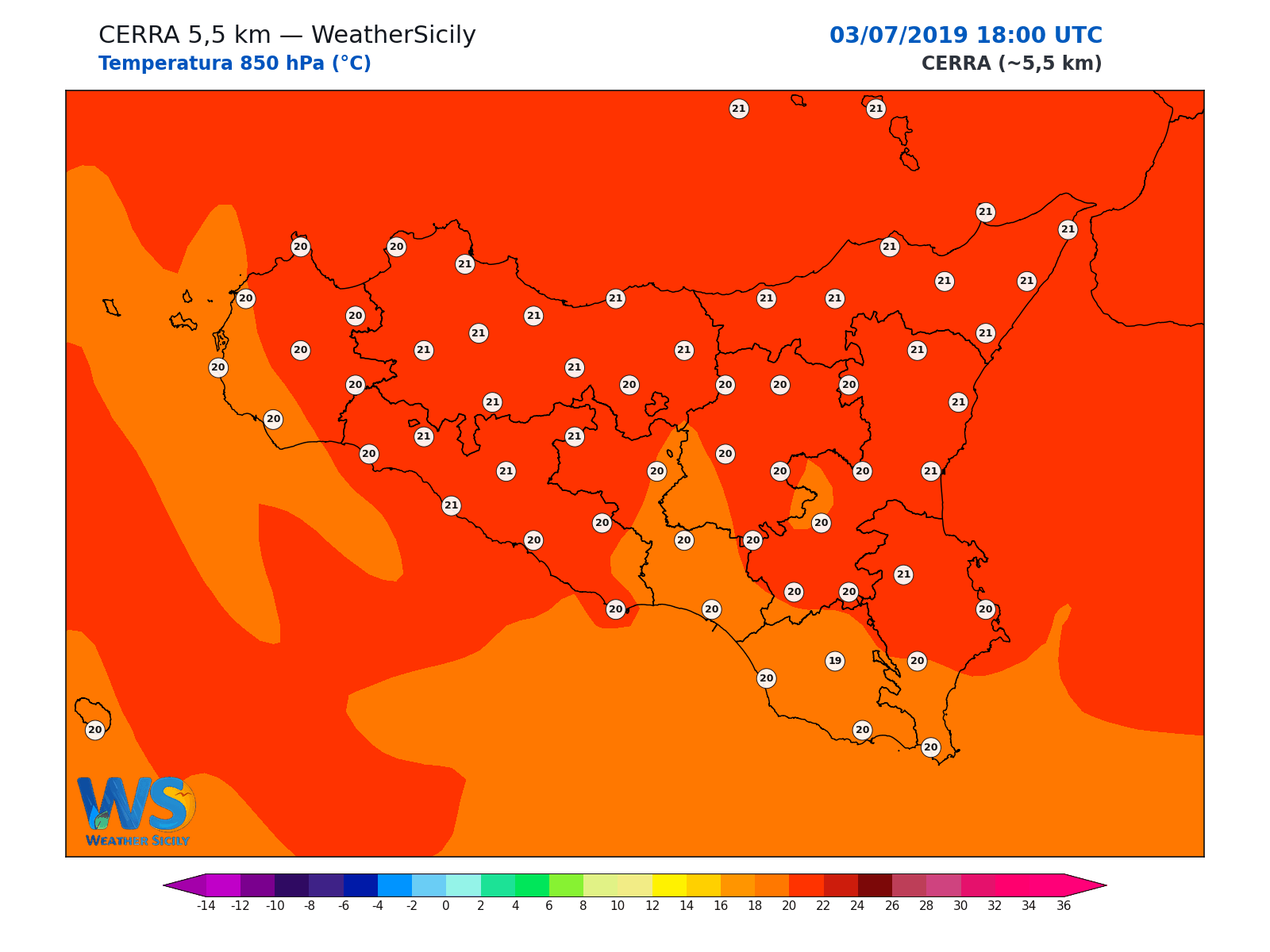 Temperatura a 850 hPa · 2019070318
