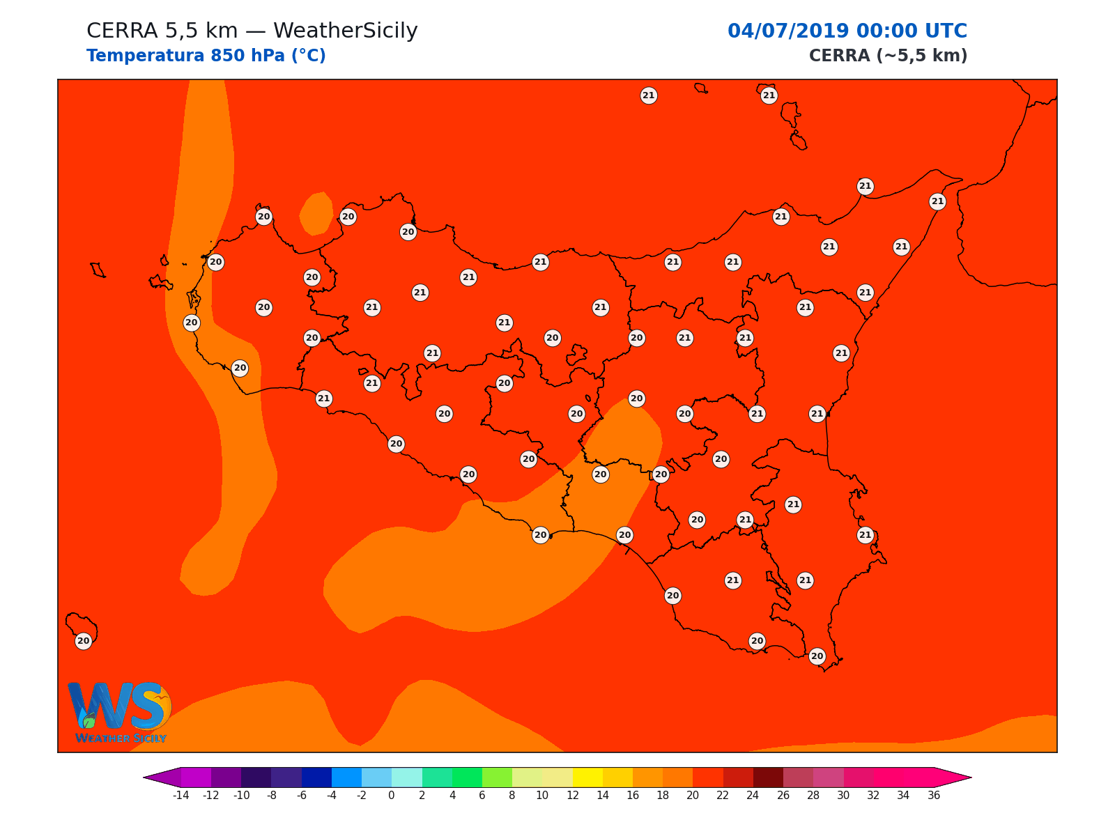 Temperatura a 850 hPa · 2019070400