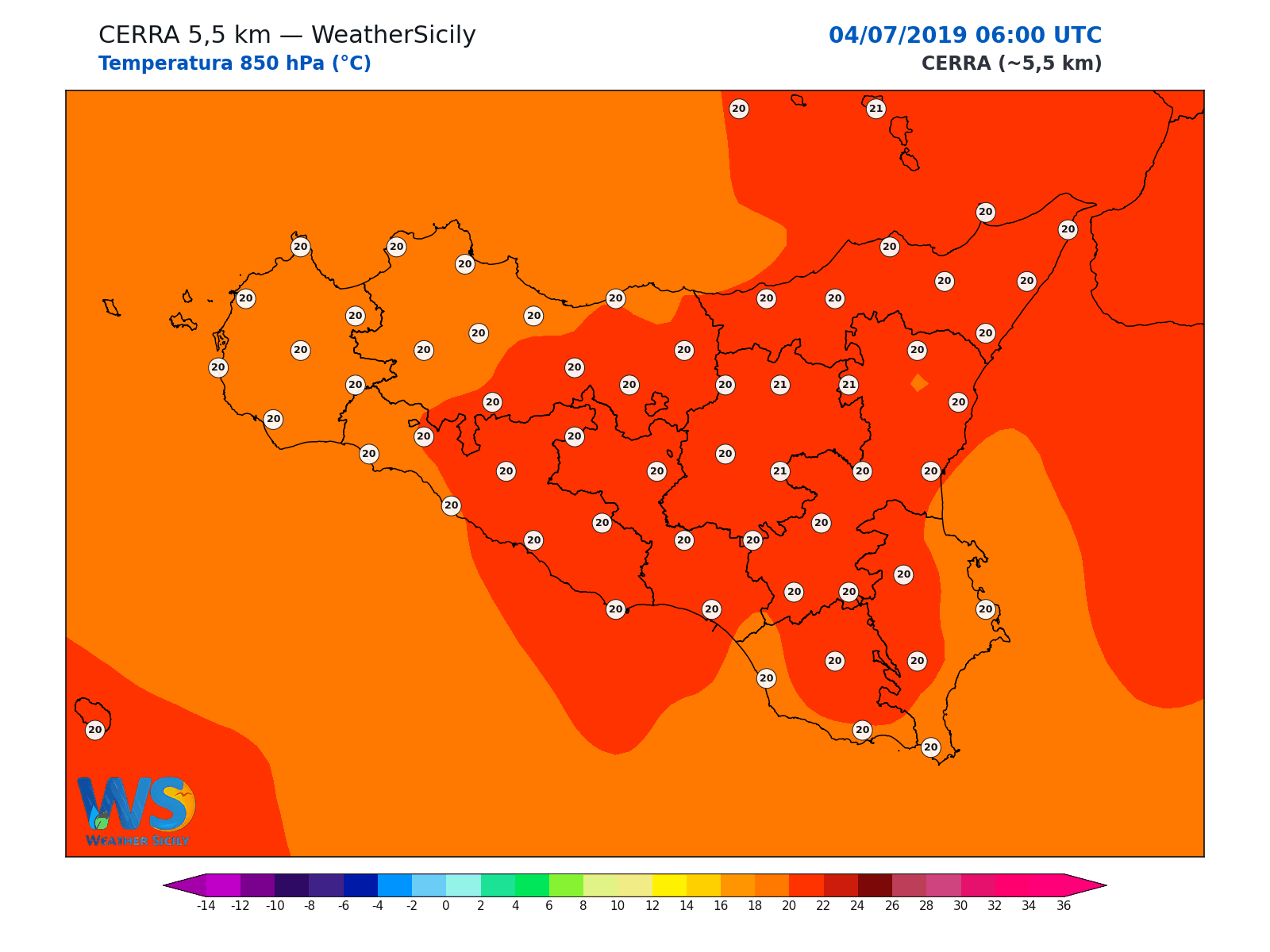 Temperatura a 850 hPa · 2019070406
